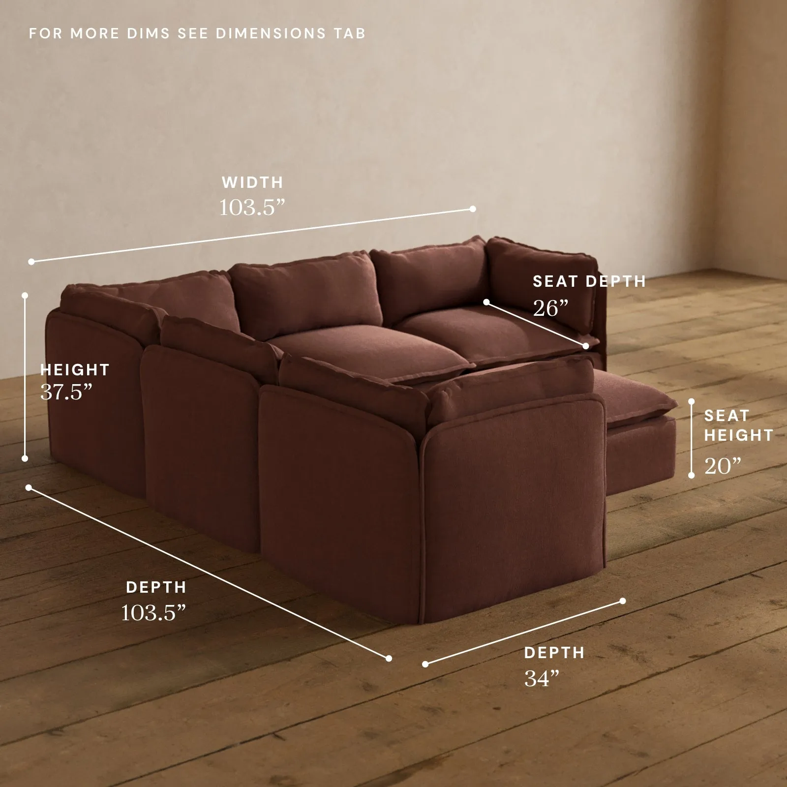 Modular Washable 5-Seater Corner Sectional   Ottoman in Chestnut | Memorix  Seat | Contour Pillow