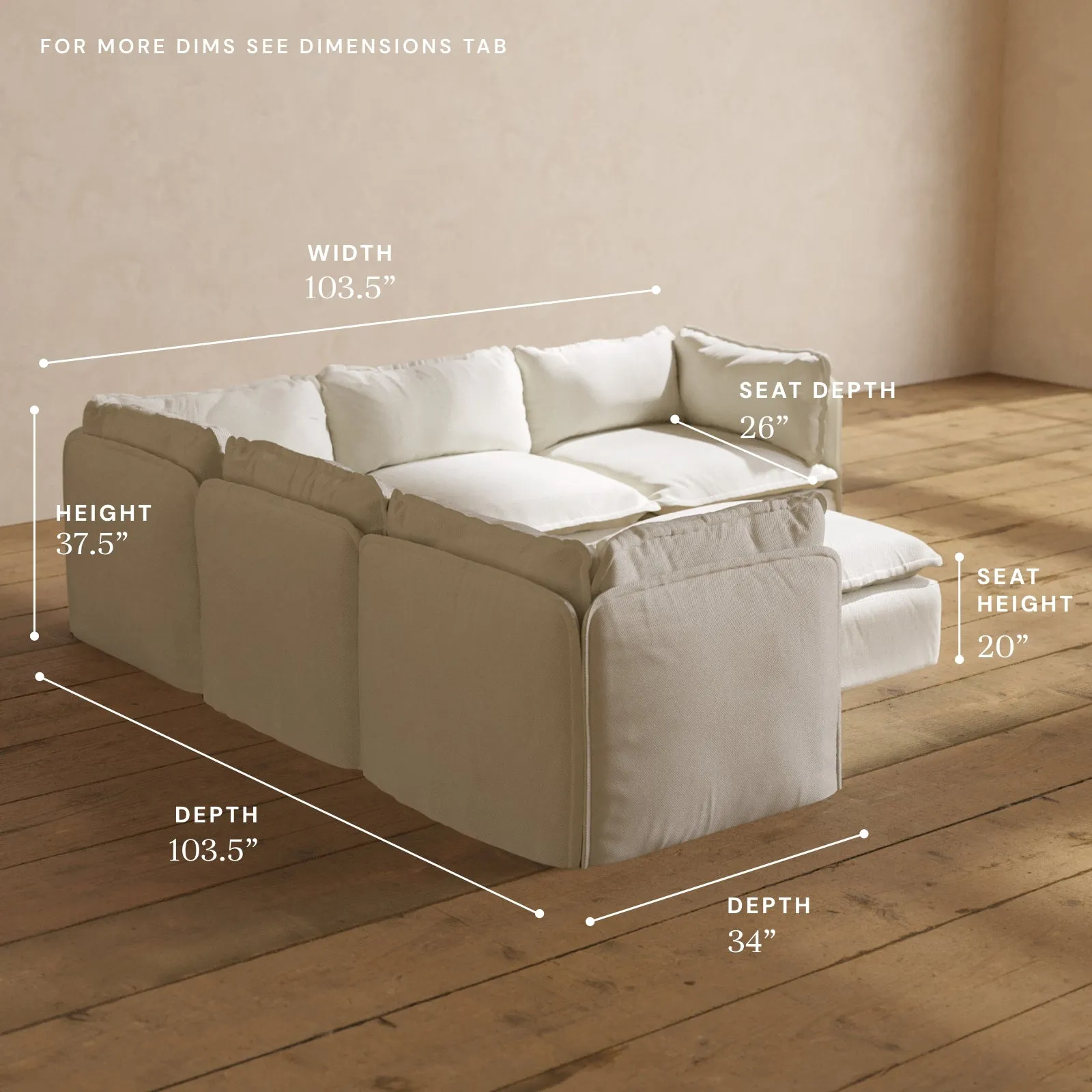 Modular Washable 5-Seater Corner Sectional   Ottoman in Eggshell | Memorix  Seat | Contour Pillow