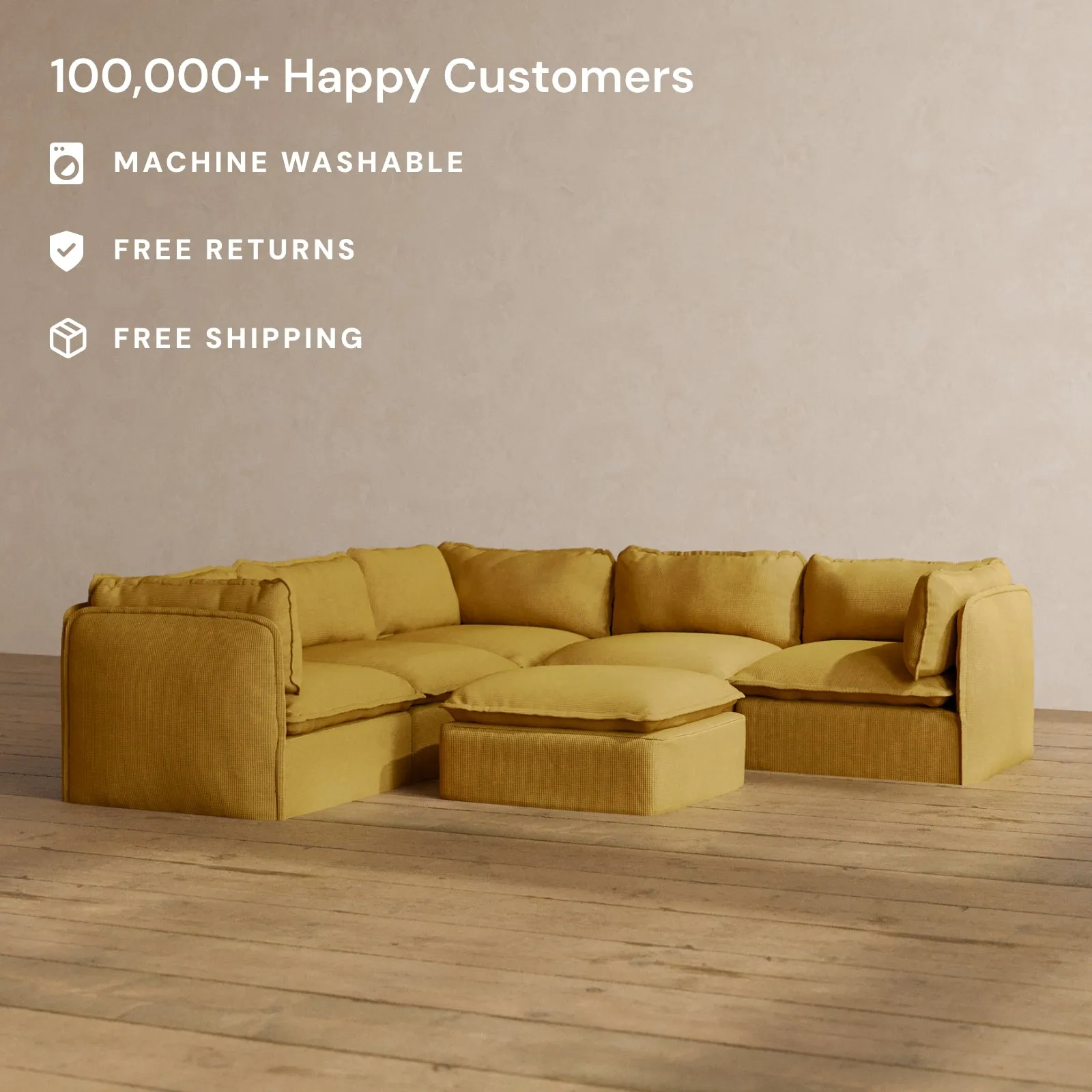 Modular Washable 5-Seater Corner Sectional   Ottoman in Kiiro | Memorix  Seat | Contour Pillow