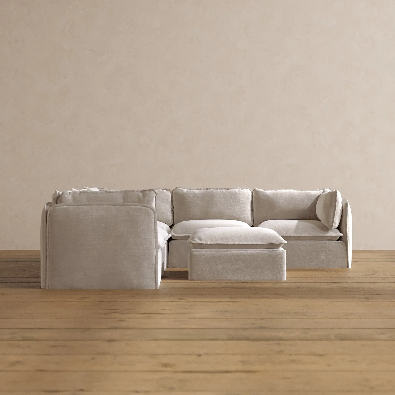 Modular Washable 5-Seater Corner Sectional   Ottoman in Mist | Memorix  Seat | Contour Pillow