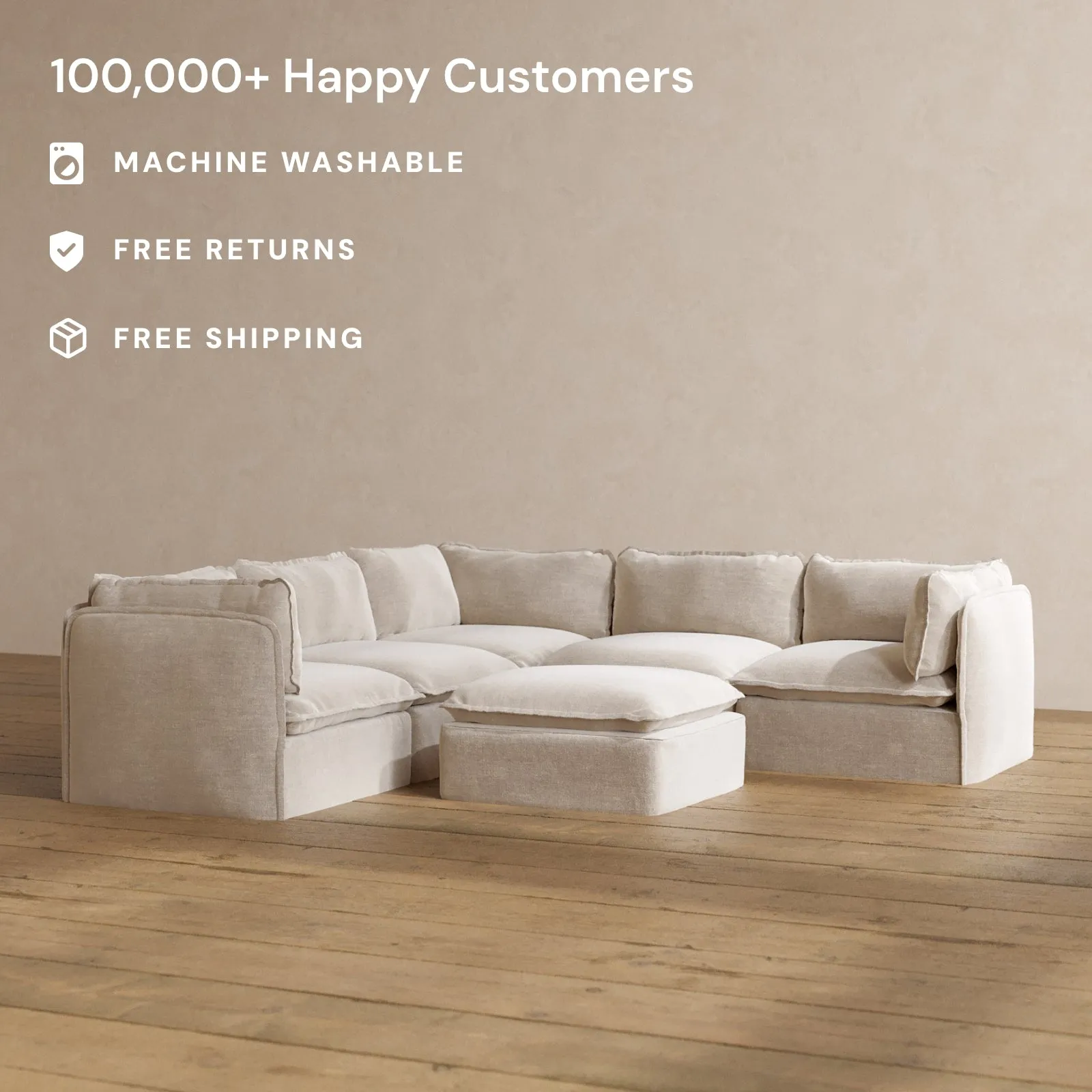 Modular Washable 5-Seater Corner Sectional   Ottoman in Mist | Memorix  Seat | Contour Pillow