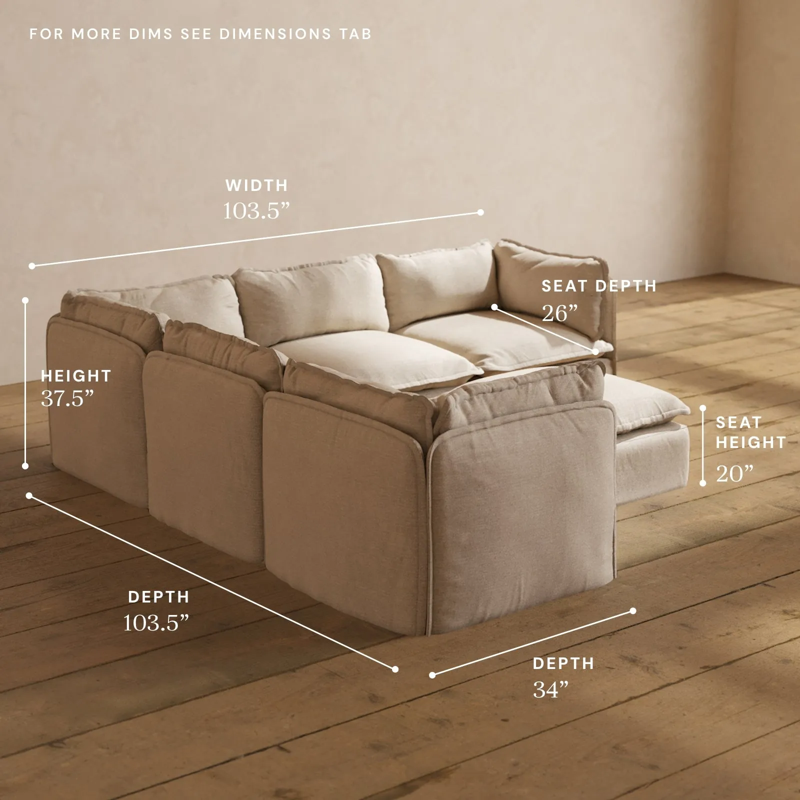 Modular Washable 5-Seater Corner Sectional   Ottoman in Oat | Memorix  Seat | Contour Pillow