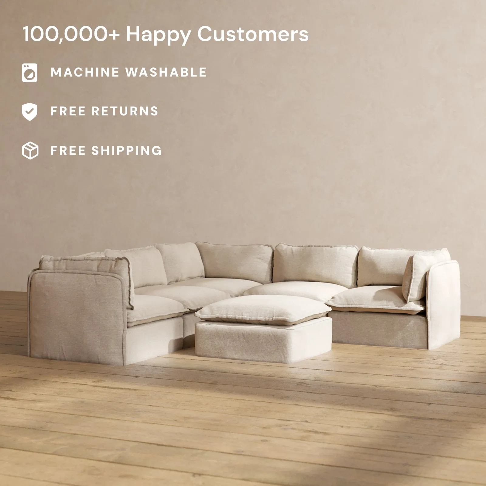 Modular Washable 5-Seater Corner Sectional   Ottoman in Oat | Memorix  Seat | Contour Pillow