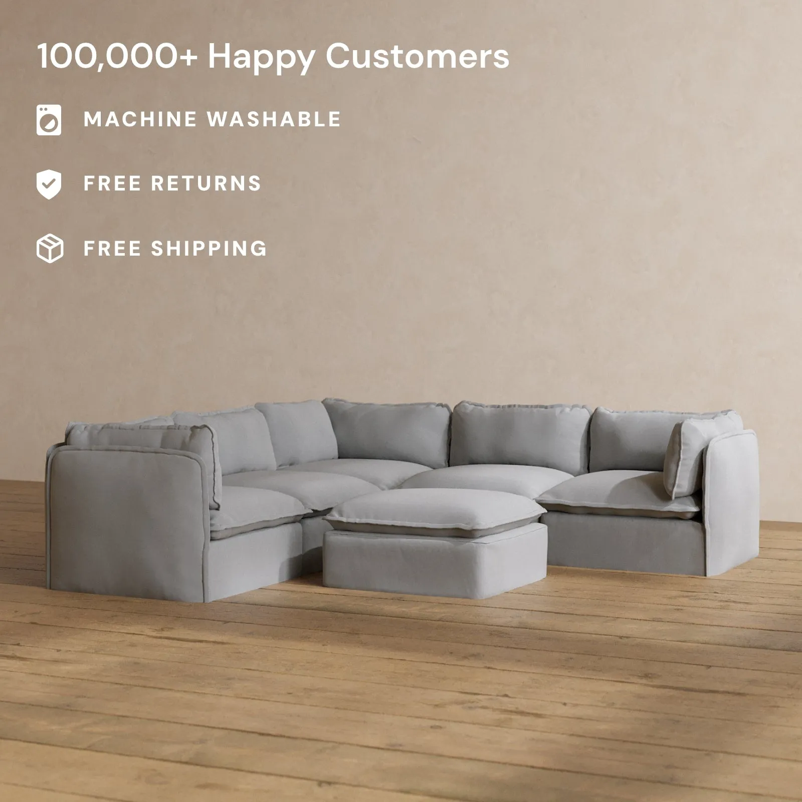 Modular Washable 5-Seater Corner Sectional   Ottoman in Pumice | Memorix  Seat | Contour Pillow