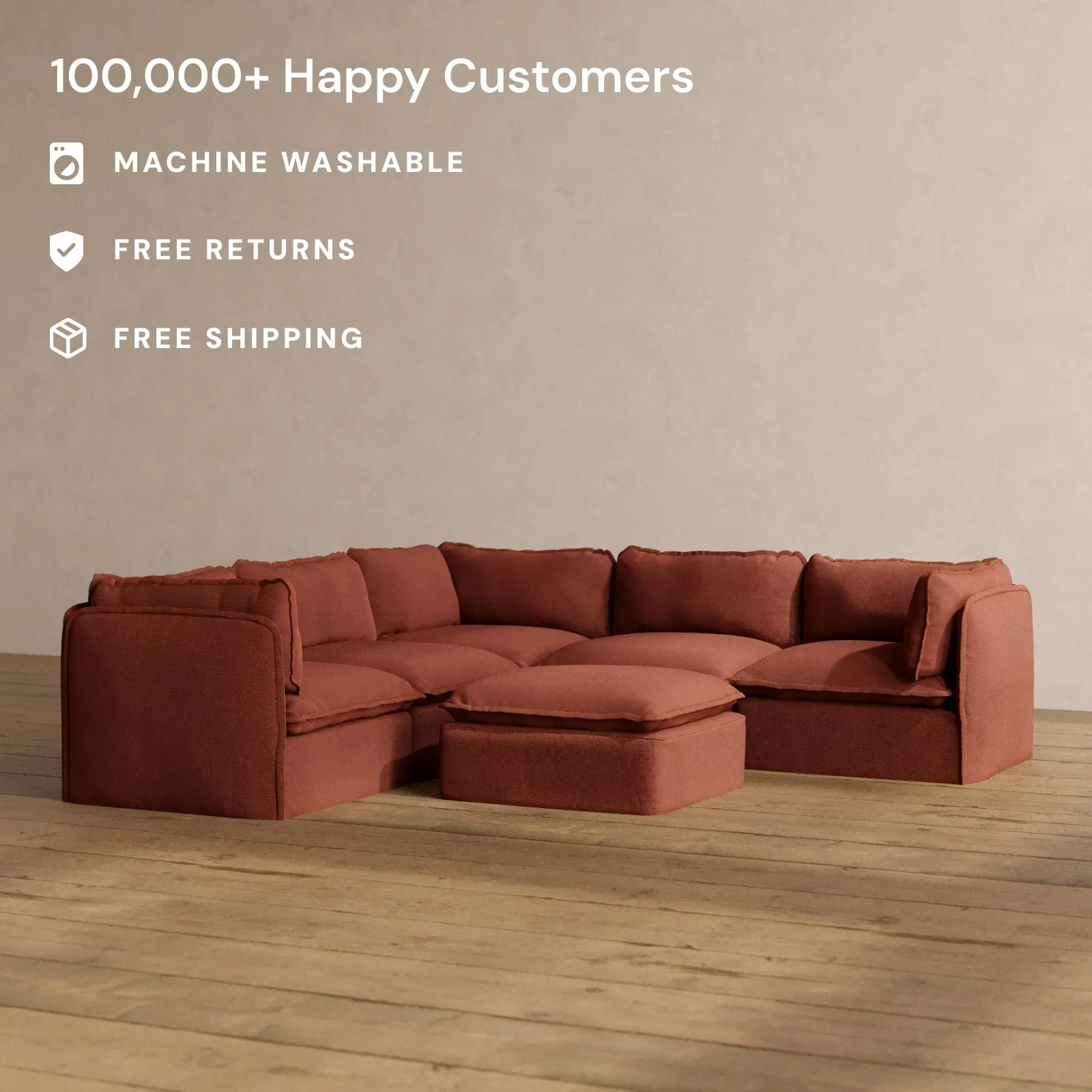 Modular Washable 5-Seater Corner Sectional   Ottoman in Rust | Memorix  Seat | Contour Pillow