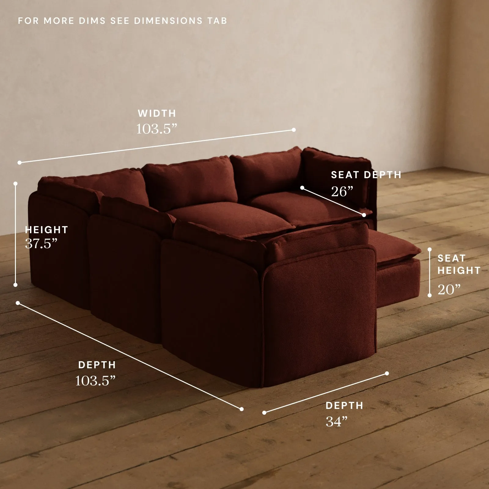 Modular Washable 5-Seater Corner Sectional   Ottoman in Rust | Memorix  Seat | Contour Pillow