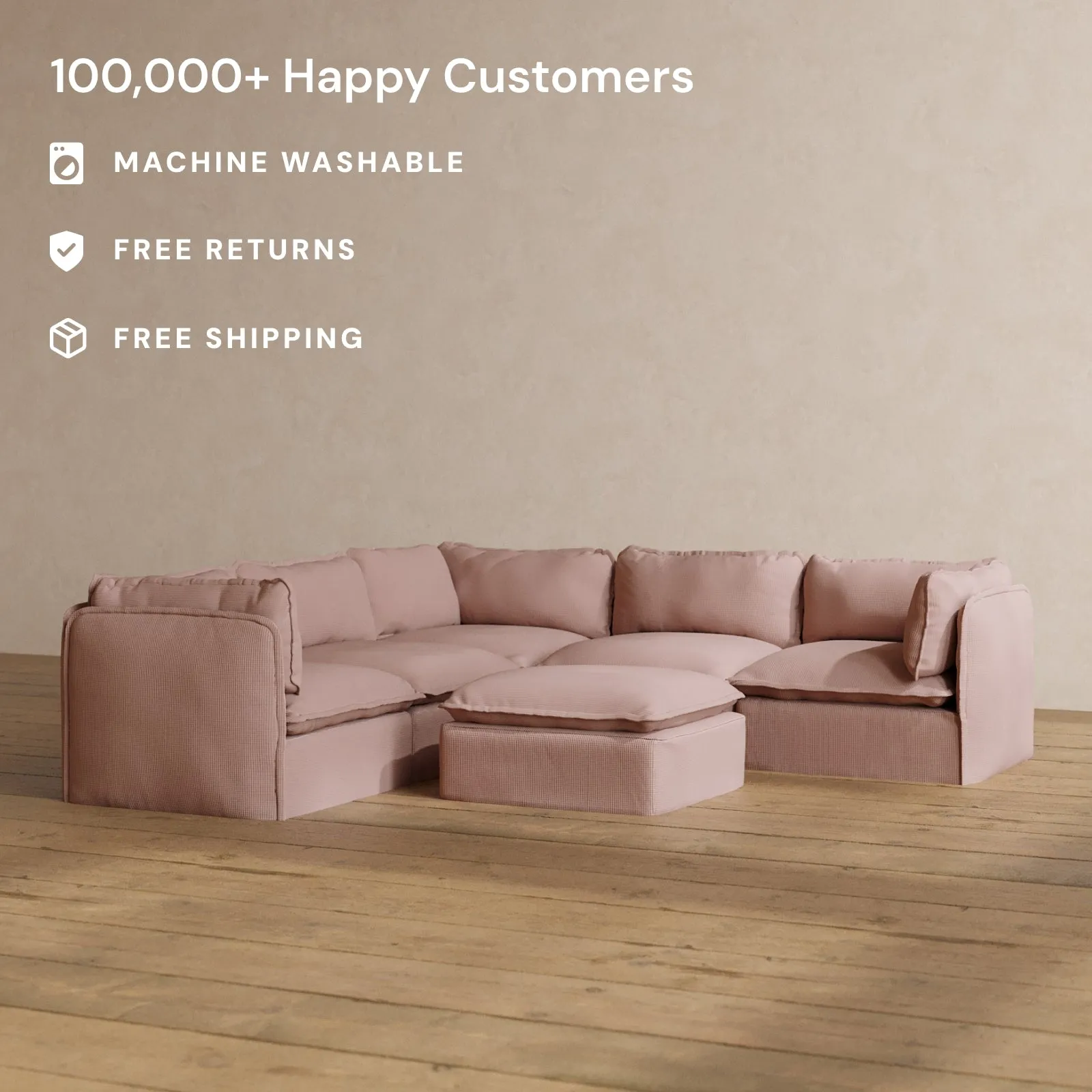 Modular Washable 5-Seater Corner Sectional   Ottoman in Sakura | Memorix  Seat | Contour Pillow