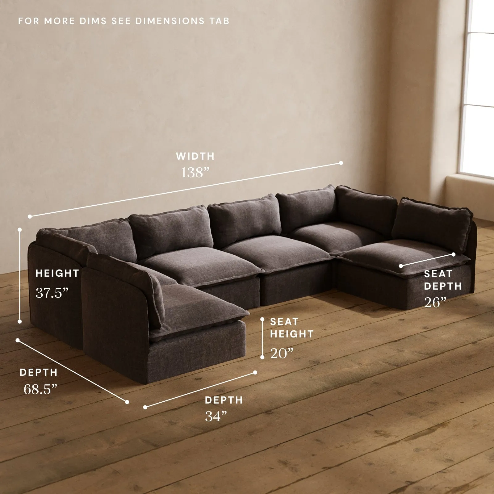 Modular Washable 6-Seater Open-Ends U-Sectional in Caviar | Memorix  Seat | Contour Pillow