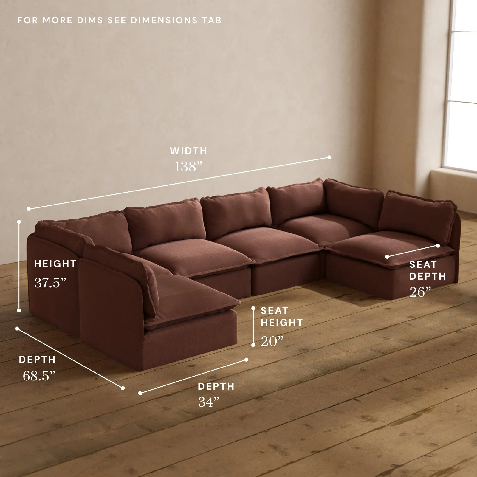 Modular Washable 6-Seater Open-Ends U-Sectional in Chestnut | Memorix  Seat | Contour Pillow