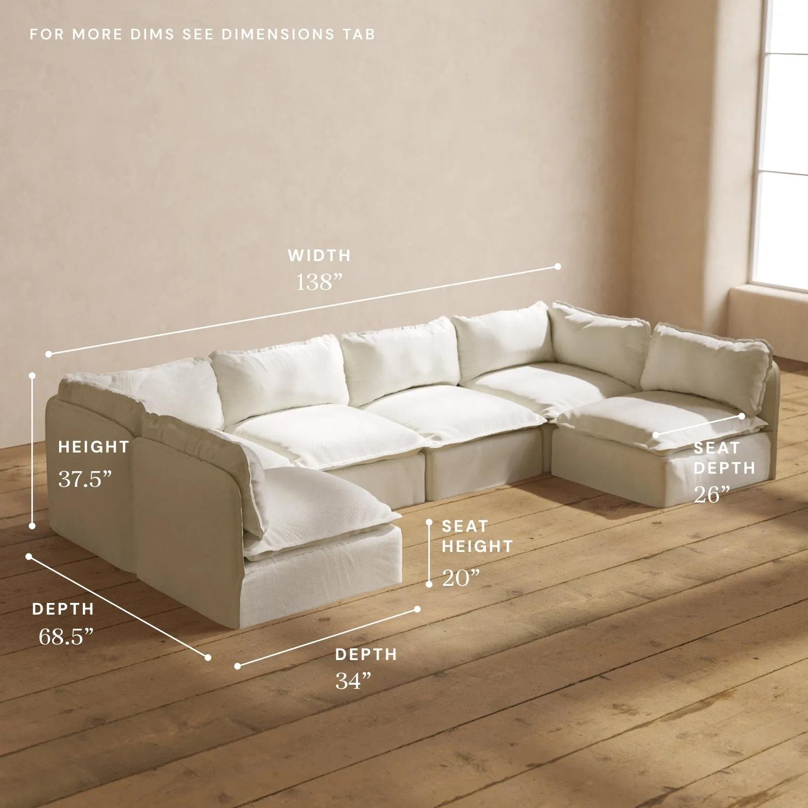 Modular Washable 6-Seater Open-Ends U-Sectional in Eggshell | Memorix  Seat | Contour Pillow