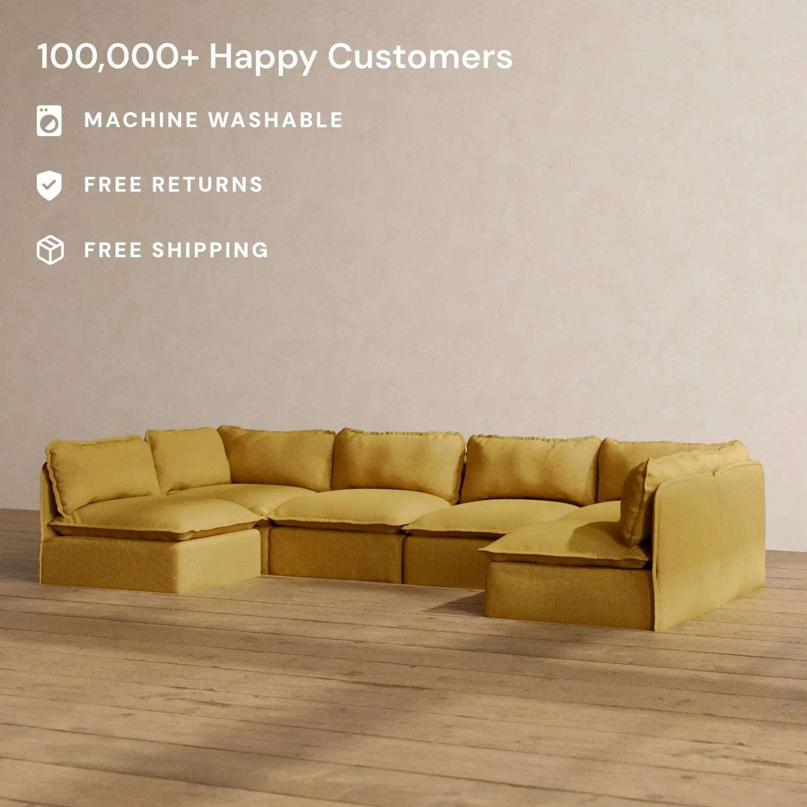 Modular Washable 6-Seater Open-Ends U-Sectional in Kiiro | Memorix  Seat | Contour Pillow
