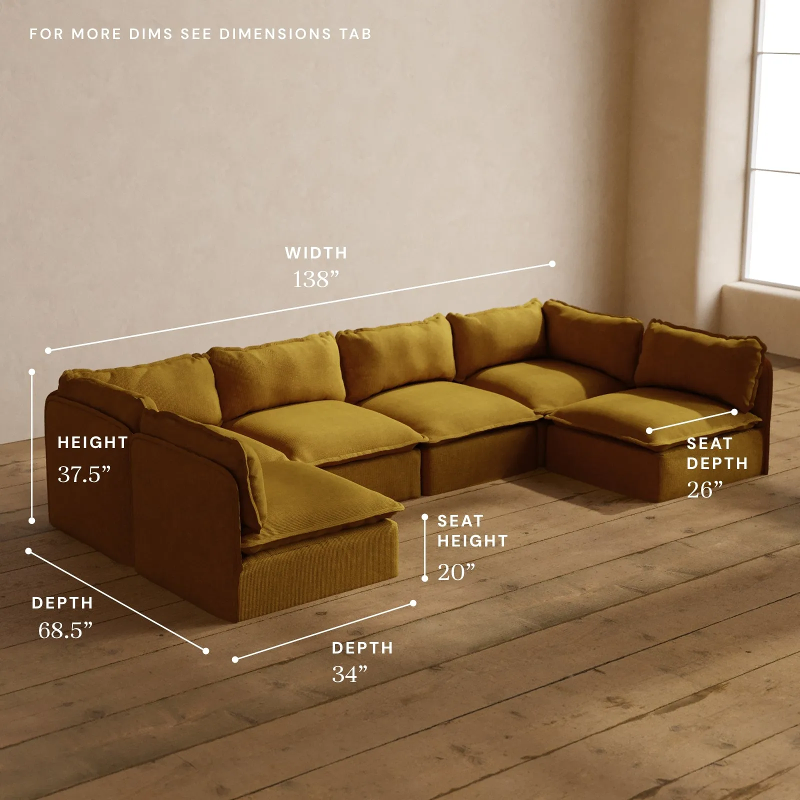 Modular Washable 6-Seater Open-Ends U-Sectional in Kiiro | Memorix  Seat | Contour Pillow