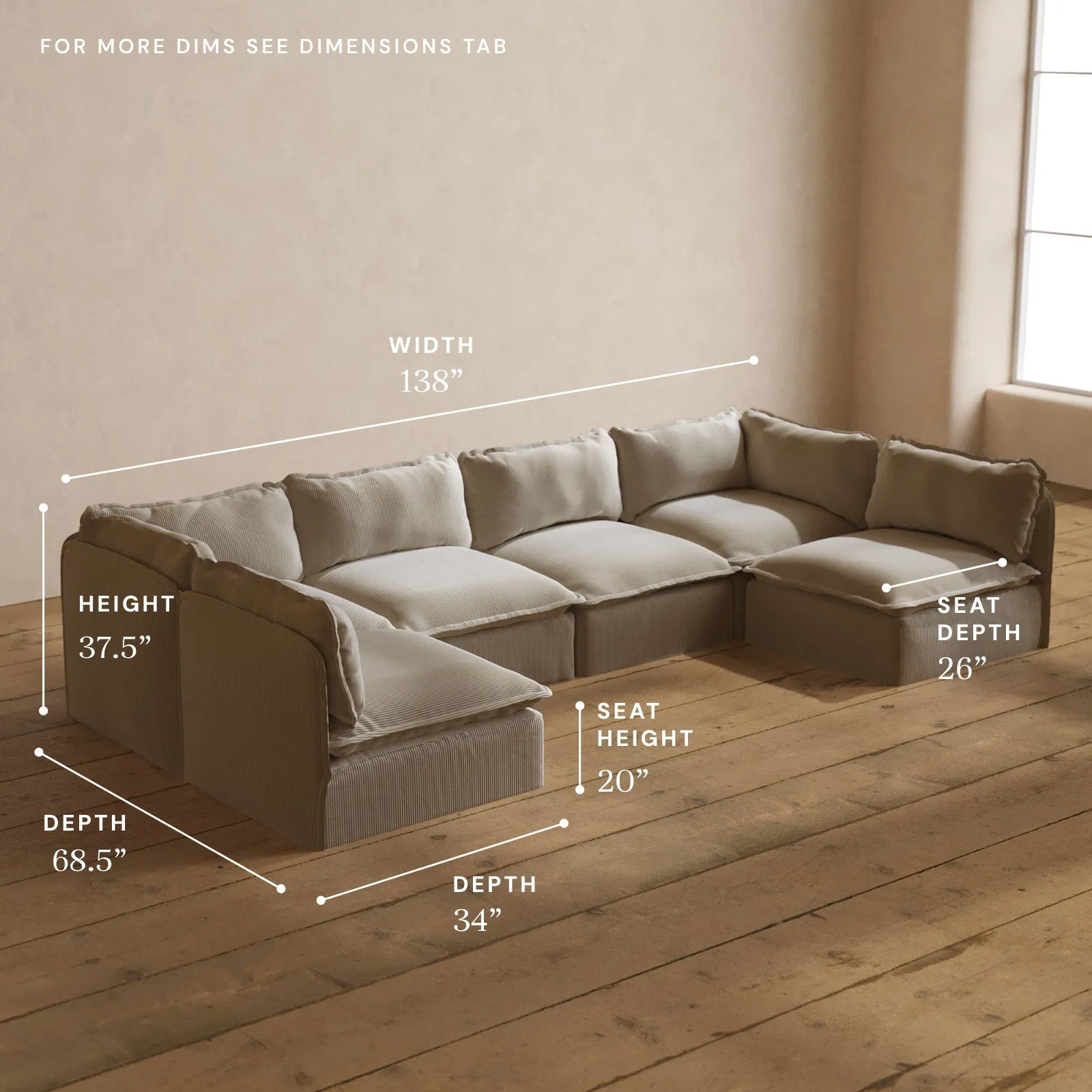 Modular Washable 6-Seater Open-Ends U-Sectional in Milk | Memorix  Seat | Contour Pillow