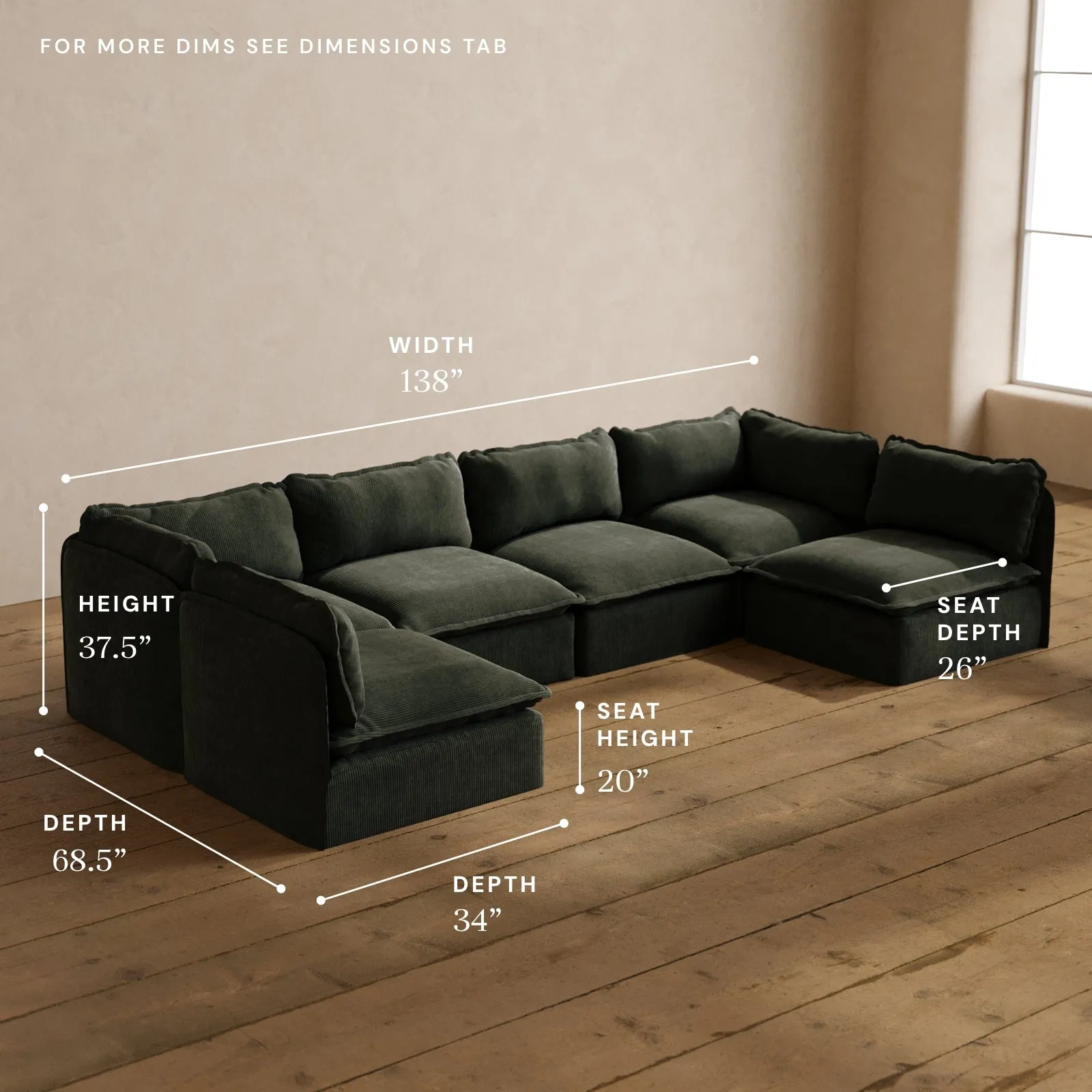 Modular Washable 6-Seater Open-Ends U-Sectional in Olivine | Memorix  Seat | Contour Pillow