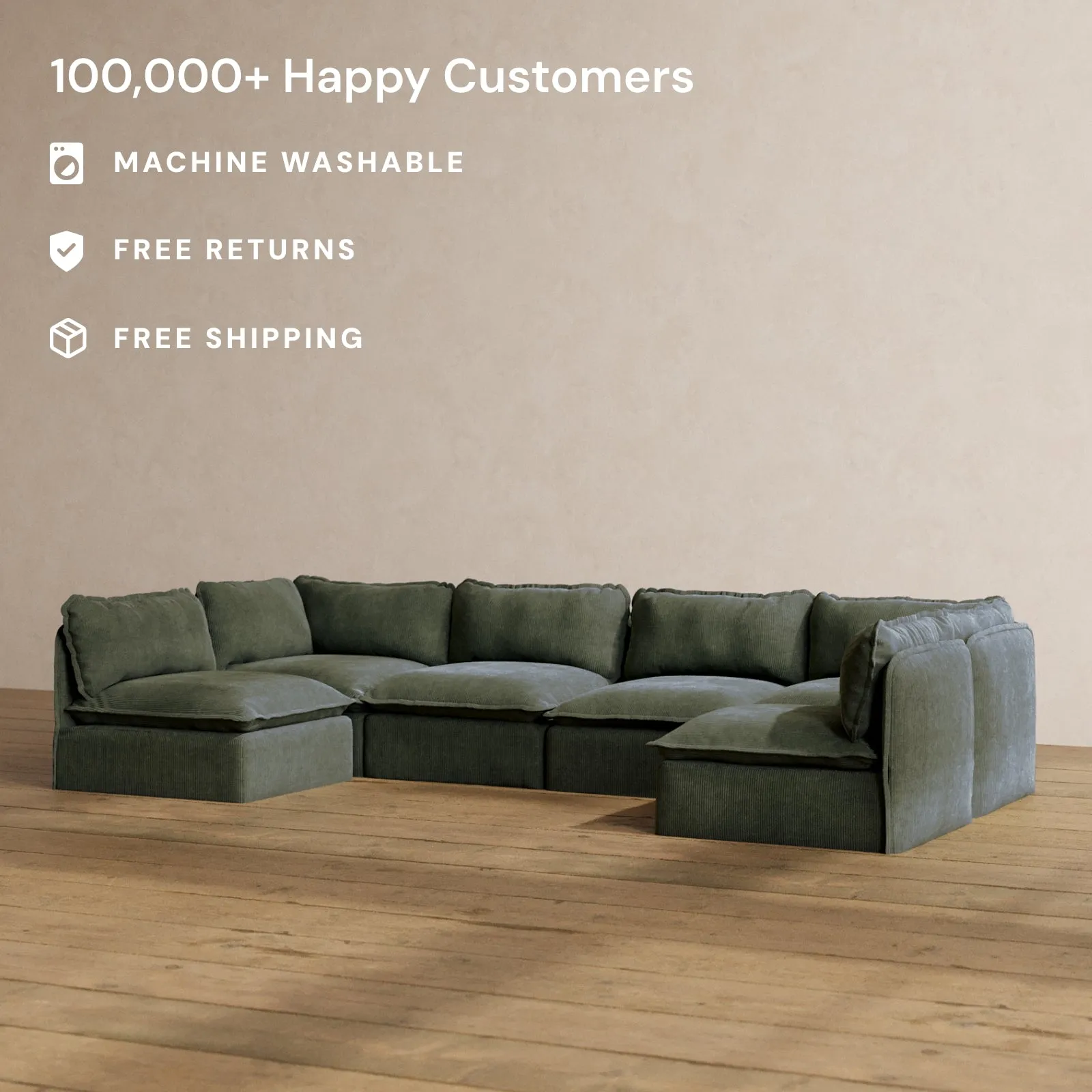 Modular Washable 6-Seater Open-Ends U-Sectional in Olivine | Memorix  Seat | Contour Pillow