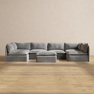 Modular Washable 6-Seater Open-Ends U-Sectional   Ottoman in Ash | Memorix  Seat | Contour Pillow