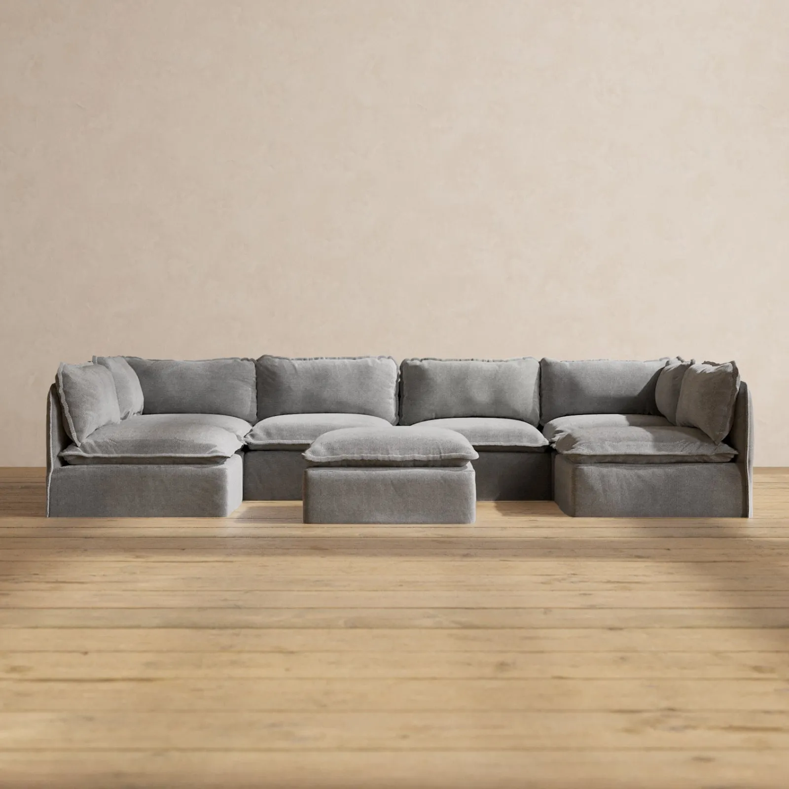 Modular Washable 6-Seater Open-Ends U-Sectional   Ottoman in Ash | Memorix  Seat | Contour Pillow