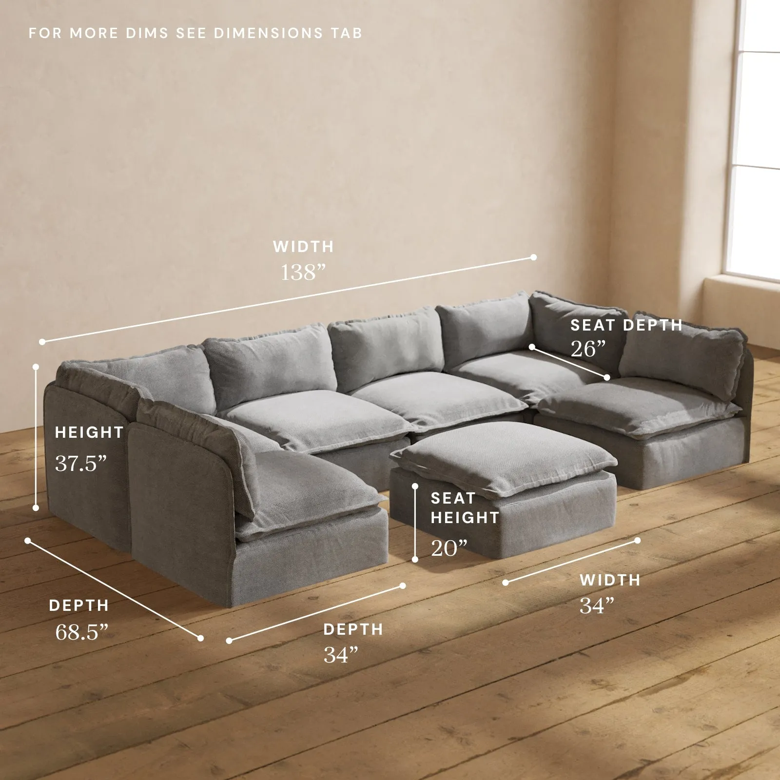 Modular Washable 6-Seater Open-Ends U-Sectional   Ottoman in Ash | Memorix  Seat | Contour Pillow