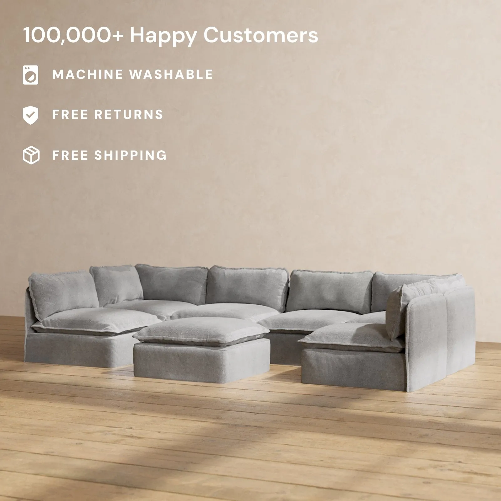 Modular Washable 6-Seater Open-Ends U-Sectional   Ottoman in Ash | Memorix  Seat | Contour Pillow