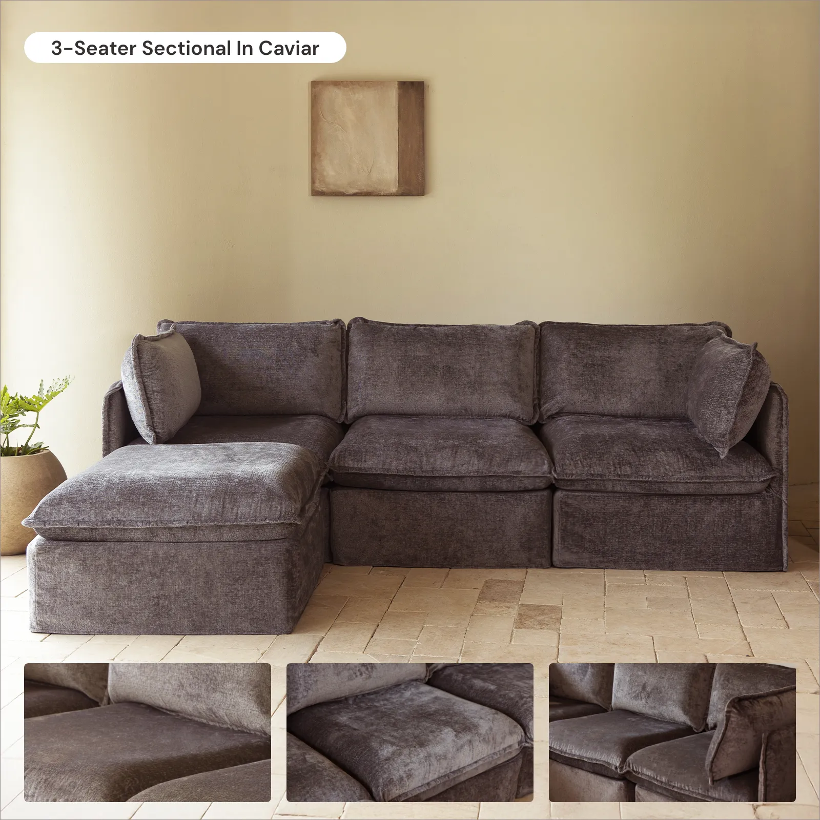 Modular Washable 6-Seater Open-Ends U-Sectional   Ottoman in Caviar | Deluxe  Seat | Cloud Pillow