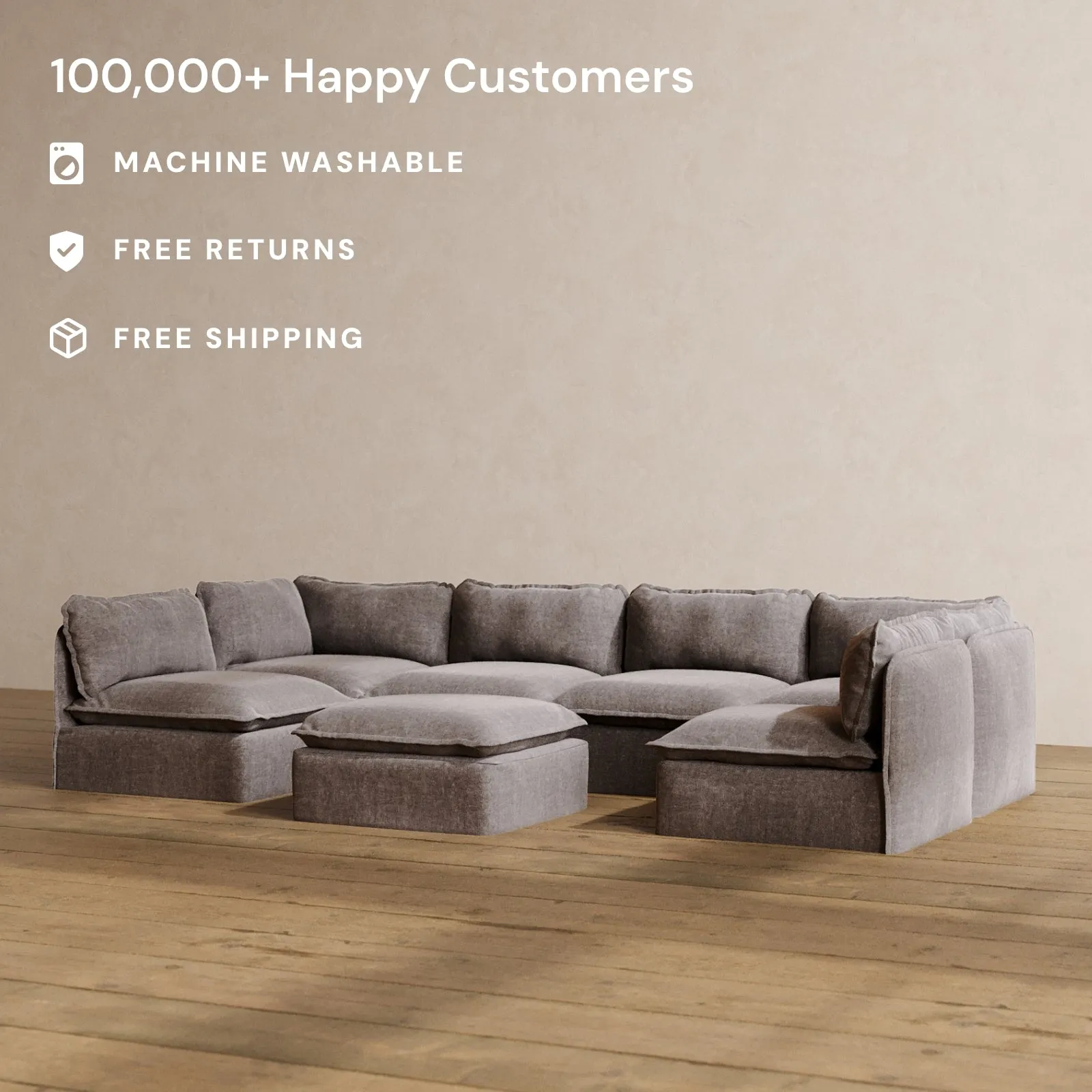Modular Washable 6-Seater Open-Ends U-Sectional   Ottoman in Caviar | Memorix  Seat | Contour Pillow