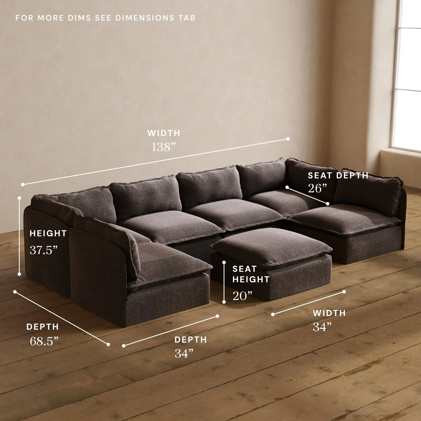 Modular Washable 6-Seater Open-Ends U-Sectional   Ottoman in Caviar | Memorix  Seat | Contour Pillow