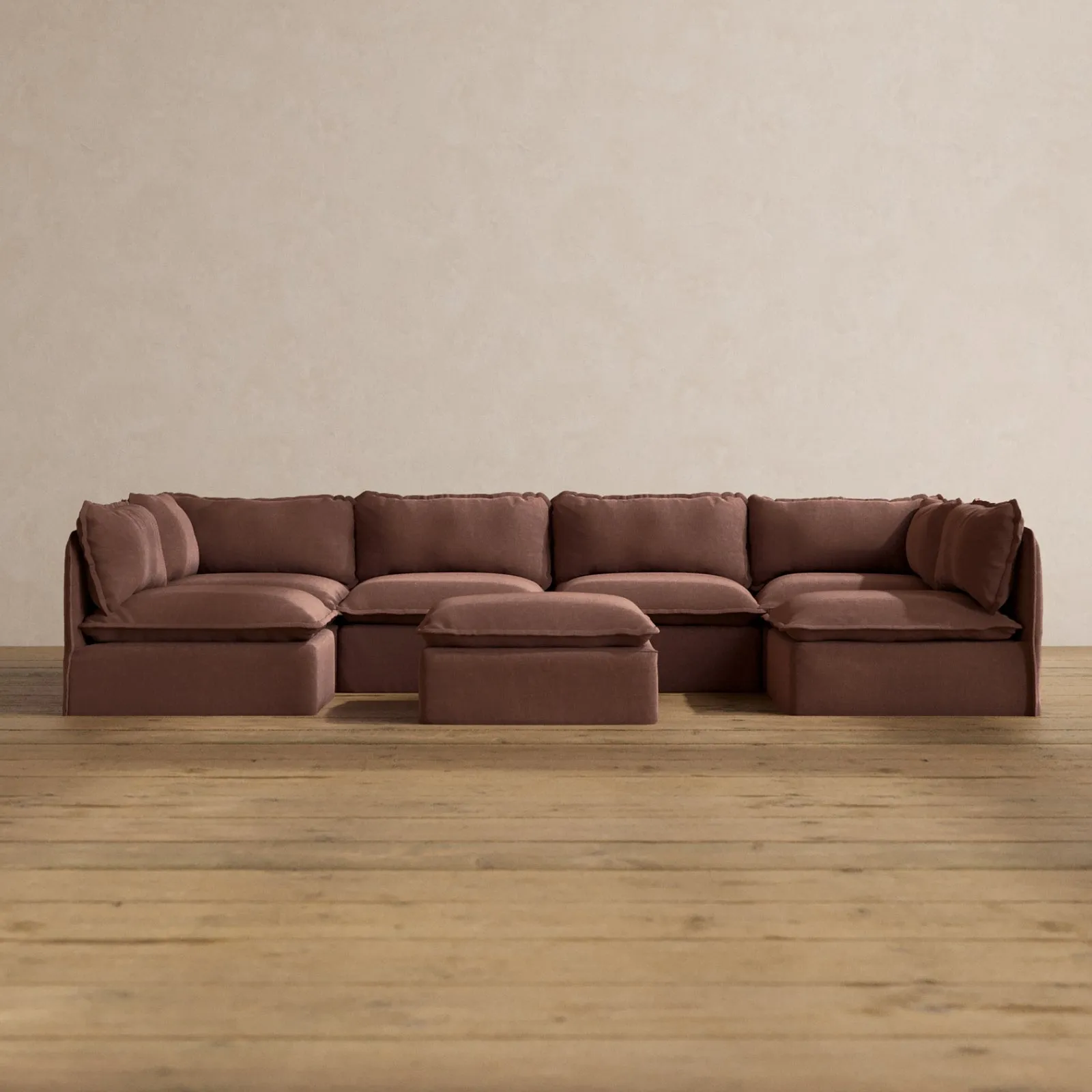 Modular Washable 6-Seater Open-Ends U-Sectional   Ottoman in Chestnut | Deluxe  Seat | Cloud Pillow
