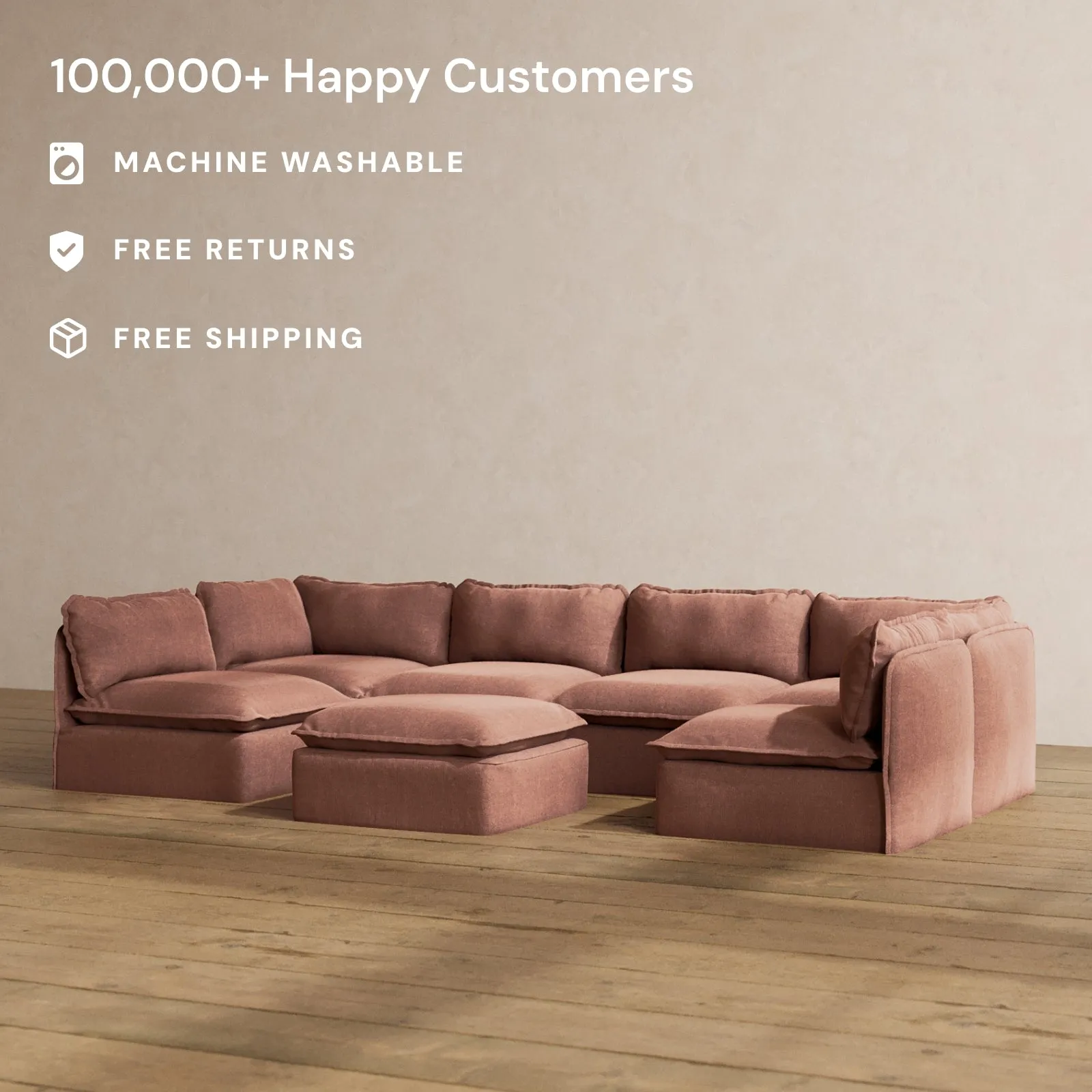 Modular Washable 6-Seater Open-Ends U-Sectional   Ottoman in Chestnut | Deluxe  Seat | Cloud Pillow