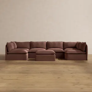 Modular Washable 6-Seater Open-Ends U-Sectional   Ottoman in Chestnut | Deluxe  Seat | Cloud Pillow