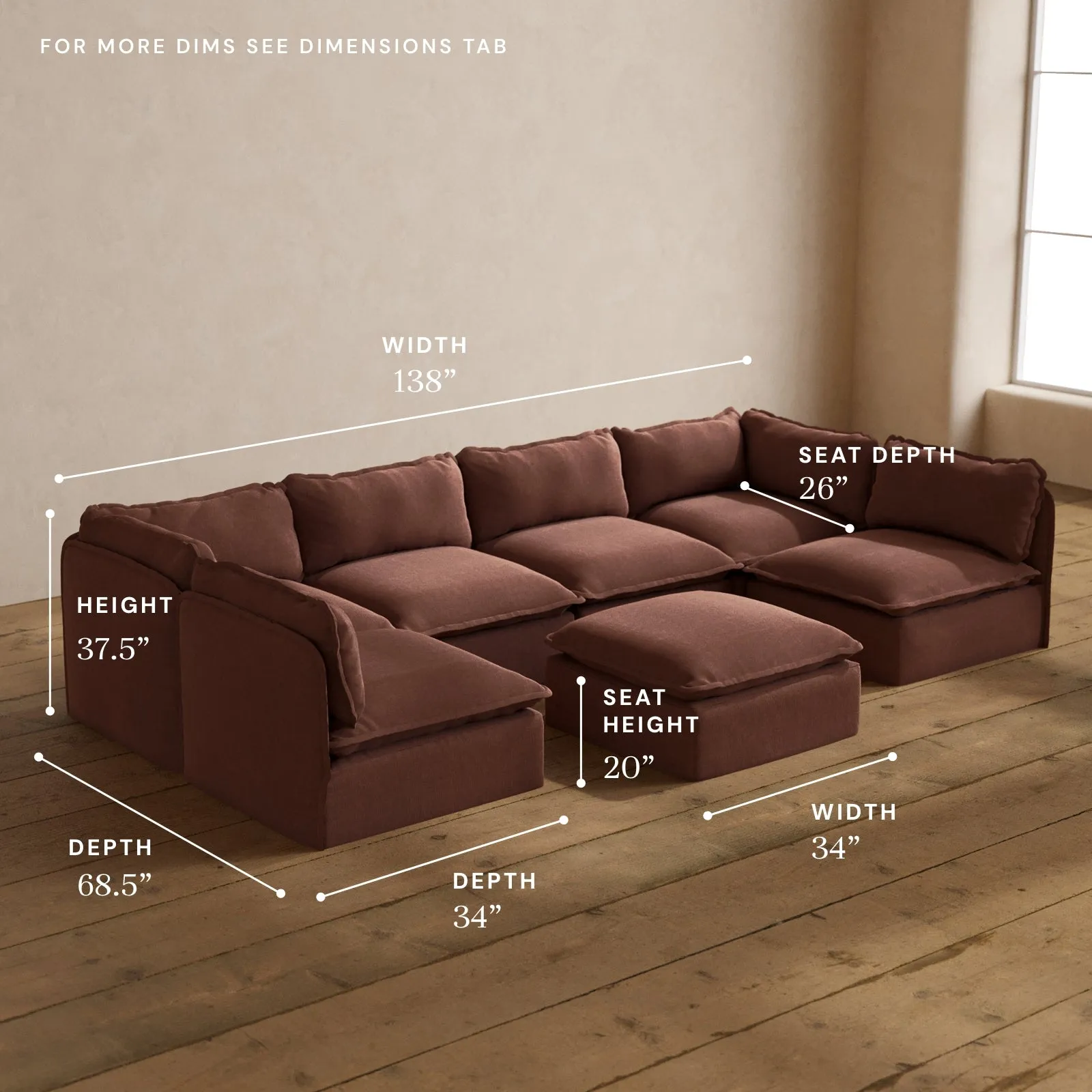 Modular Washable 6-Seater Open-Ends U-Sectional   Ottoman in Chestnut | Memorix  Seat | Contour Pillow
