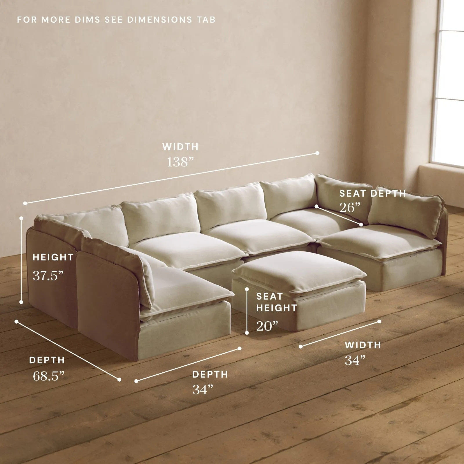 Modular Washable 6-Seater Open-Ends U-Sectional   Ottoman in Coco | Memorix  Seat | Contour Pillow