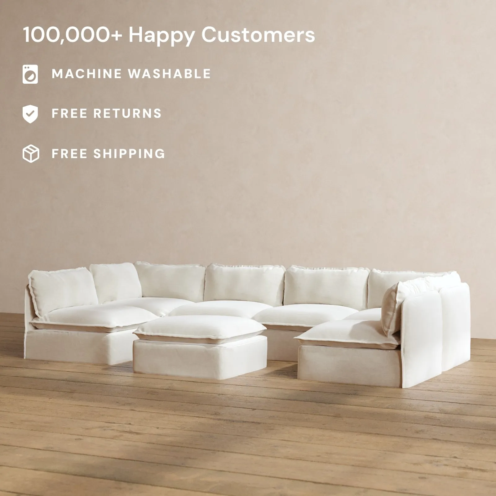 Modular Washable 6-Seater Open-Ends U-Sectional   Ottoman in Coco | Memorix  Seat | Contour Pillow
