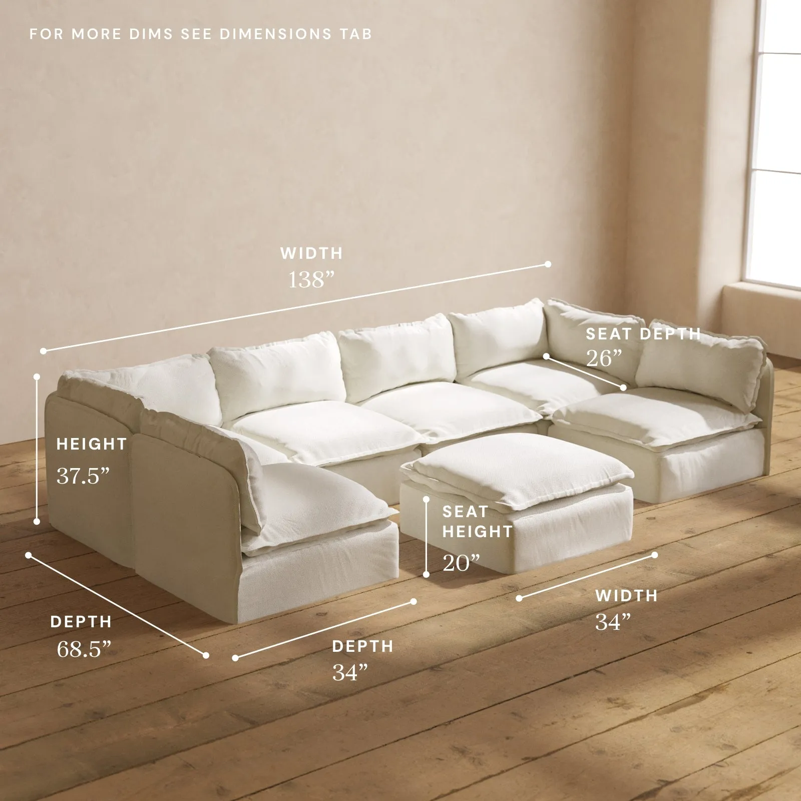 Modular Washable 6-Seater Open-Ends U-Sectional   Ottoman in Eggshell | Memorix  Seat | Contour Pillow