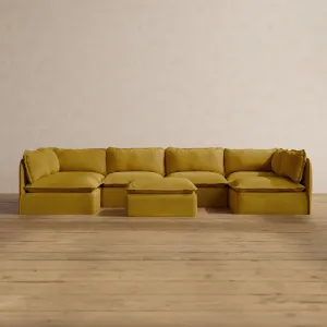 Modular Washable 6-Seater Open-Ends U-Sectional   Ottoman in Kiiro | Memorix  Seat | Contour Pillow