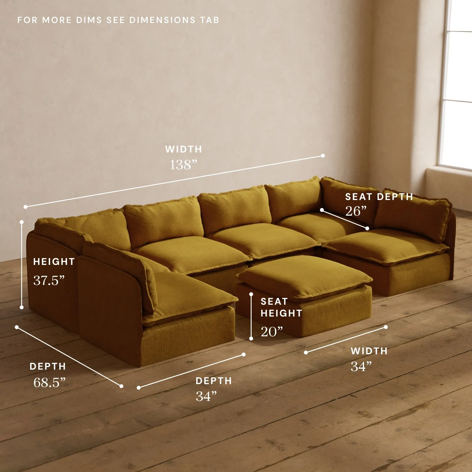 Modular Washable 6-Seater Open-Ends U-Sectional   Ottoman in Kiiro | Memorix  Seat | Contour Pillow