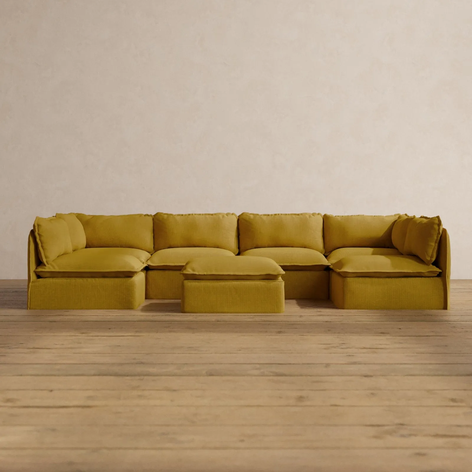 Modular Washable 6-Seater Open-Ends U-Sectional   Ottoman in Kiiro | Memorix  Seat | Contour Pillow