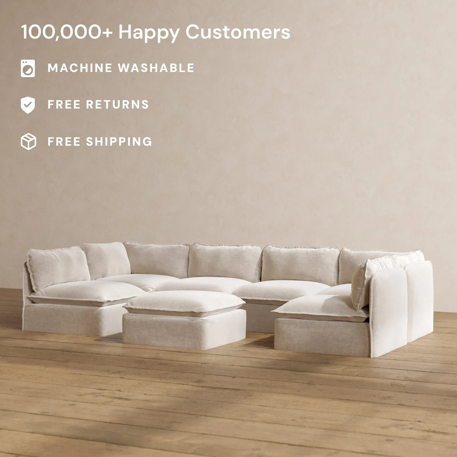 Modular Washable 6-Seater Open-Ends U-Sectional   Ottoman in Mist | Memorix  Seat | Contour Pillow