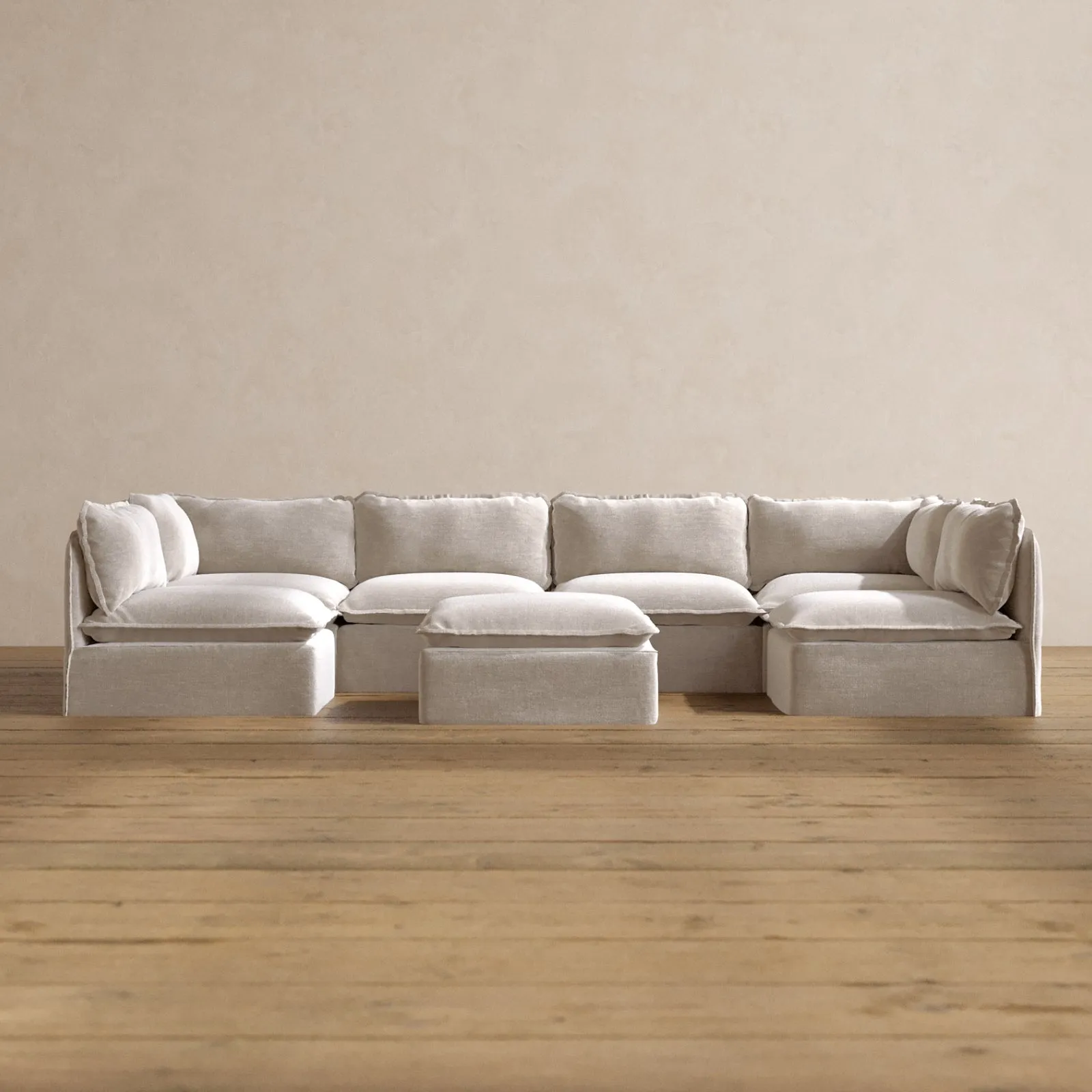 Modular Washable 6-Seater Open-Ends U-Sectional   Ottoman in Mist | Memorix  Seat | Contour Pillow