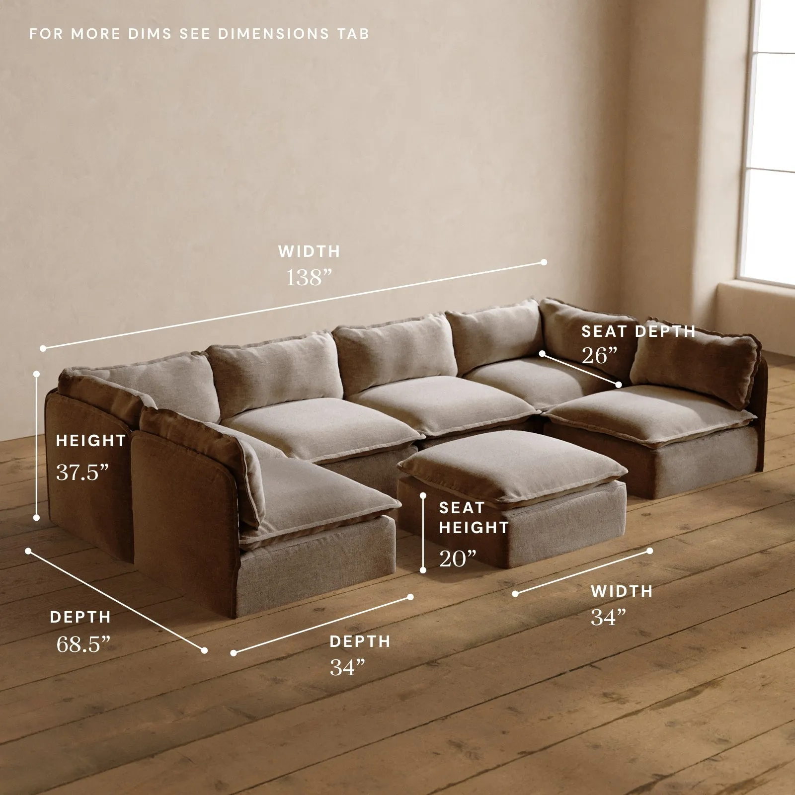 Modular Washable 6-Seater Open-Ends U-Sectional   Ottoman in Mist | Memorix  Seat | Contour Pillow