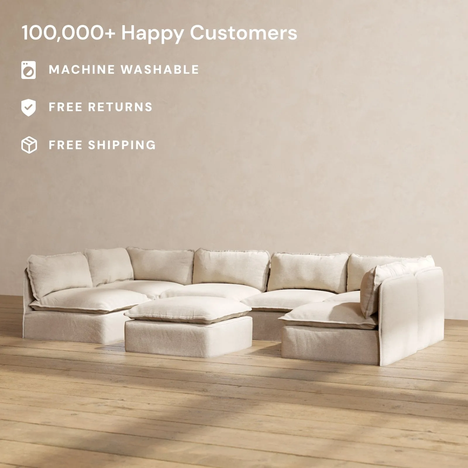 Modular Washable 6-Seater Open-Ends U-Sectional   Ottoman in Oat | Memorix  Seat | Contour Pillow