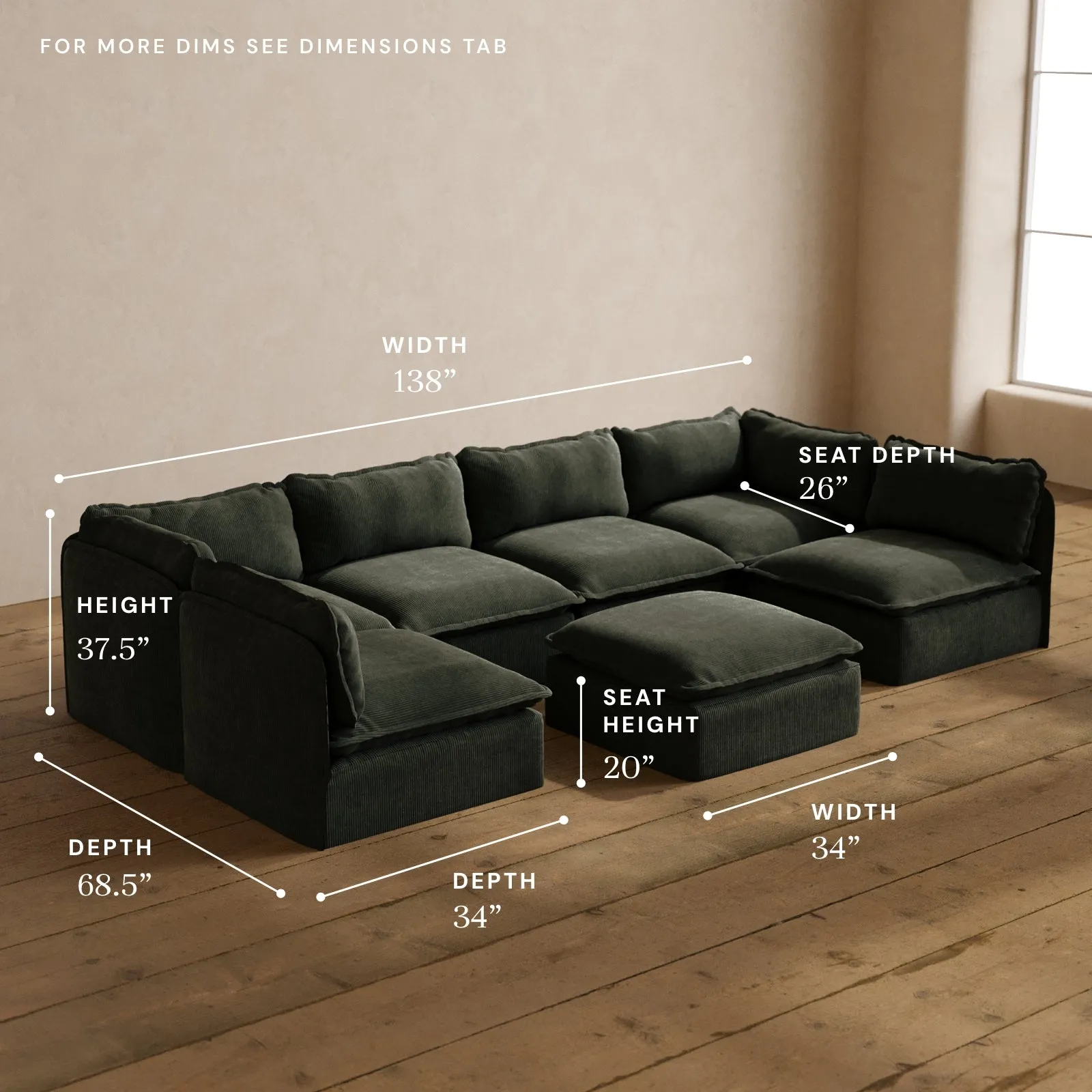 Modular Washable 6-Seater Open-Ends U-Sectional   Ottoman in Olivine | Memorix  Seat | Contour Pillow