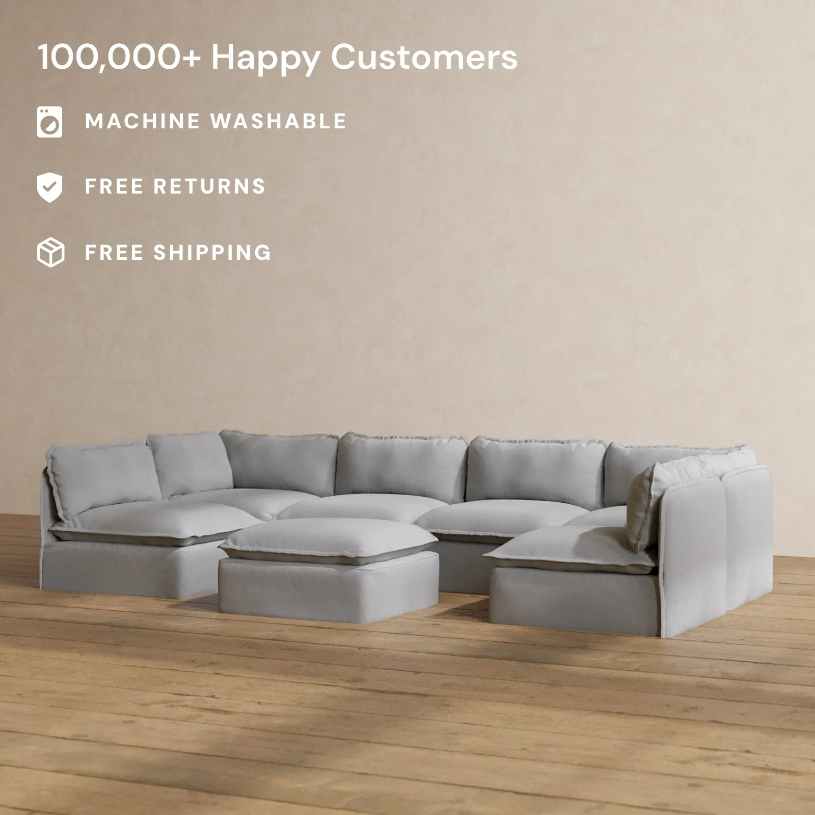 Modular Washable 6-Seater Open-Ends U-Sectional   Ottoman in Pumice | Memorix  Seat | Contour Pillow