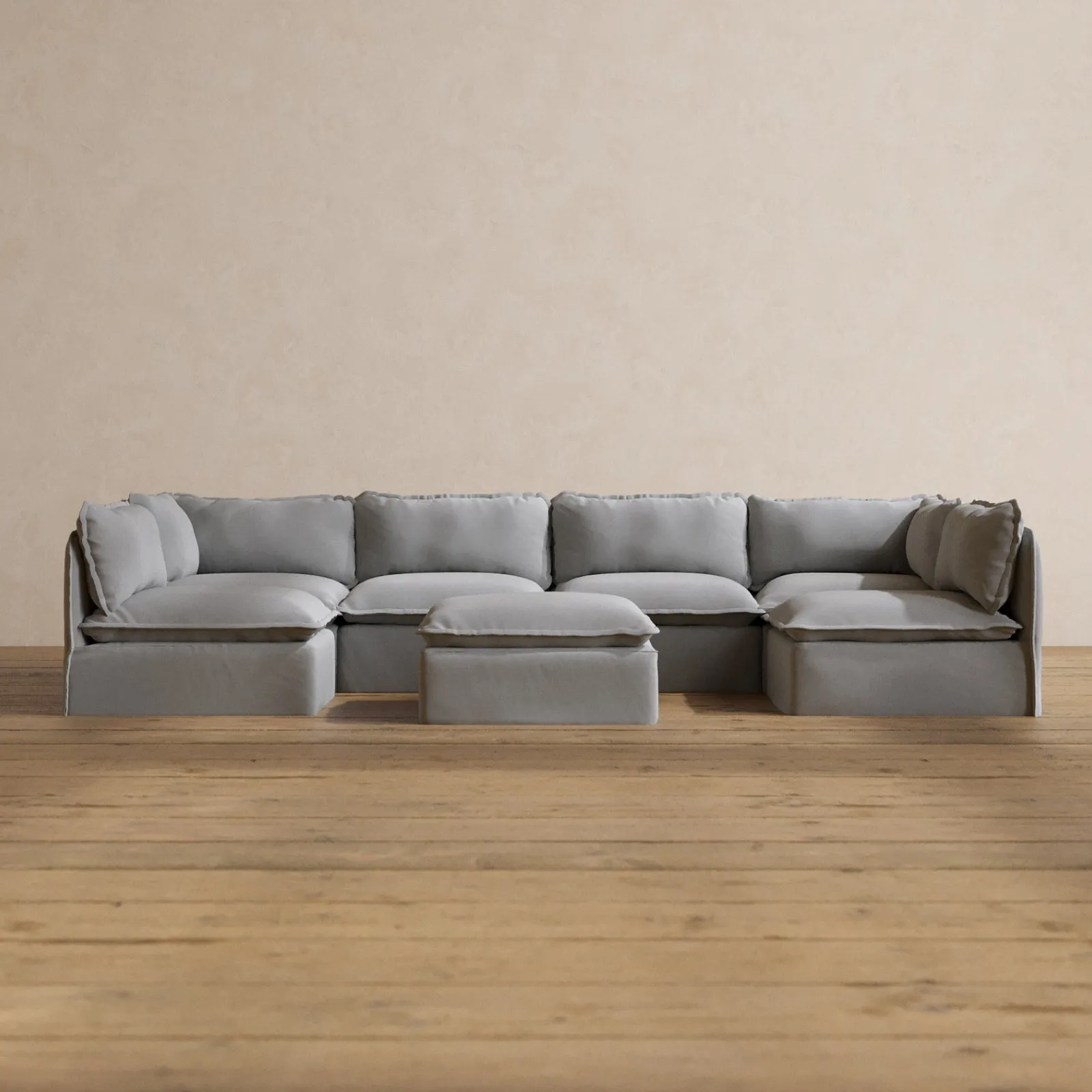 Modular Washable 6-Seater Open-Ends U-Sectional   Ottoman in Pumice | Memorix  Seat | Contour Pillow