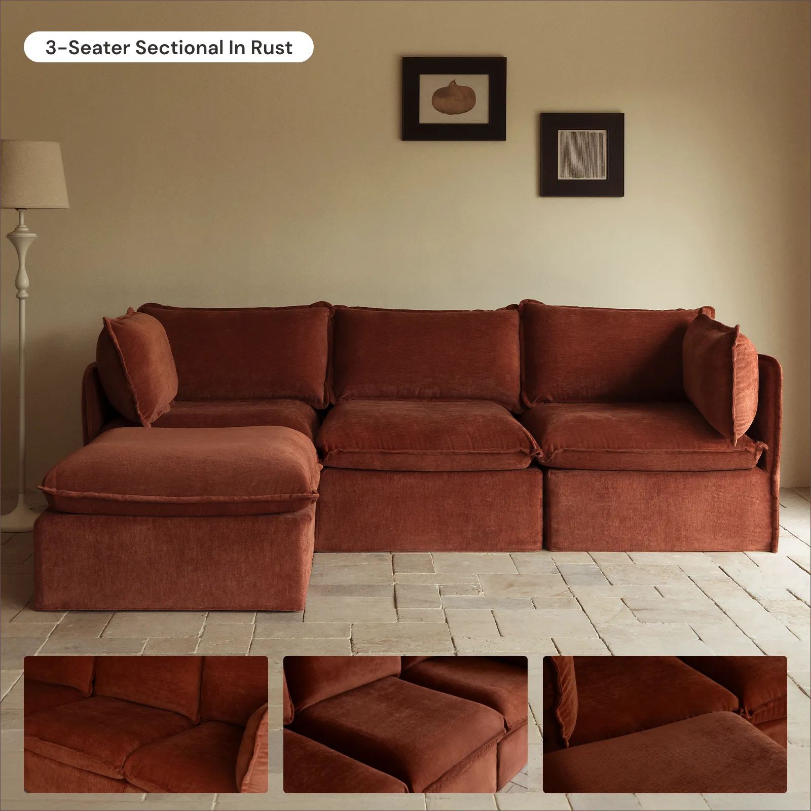 Modular Washable 6-Seater Open-Ends U-Sectional   Ottoman in Rust | Memorix  Seat | Contour Pillow