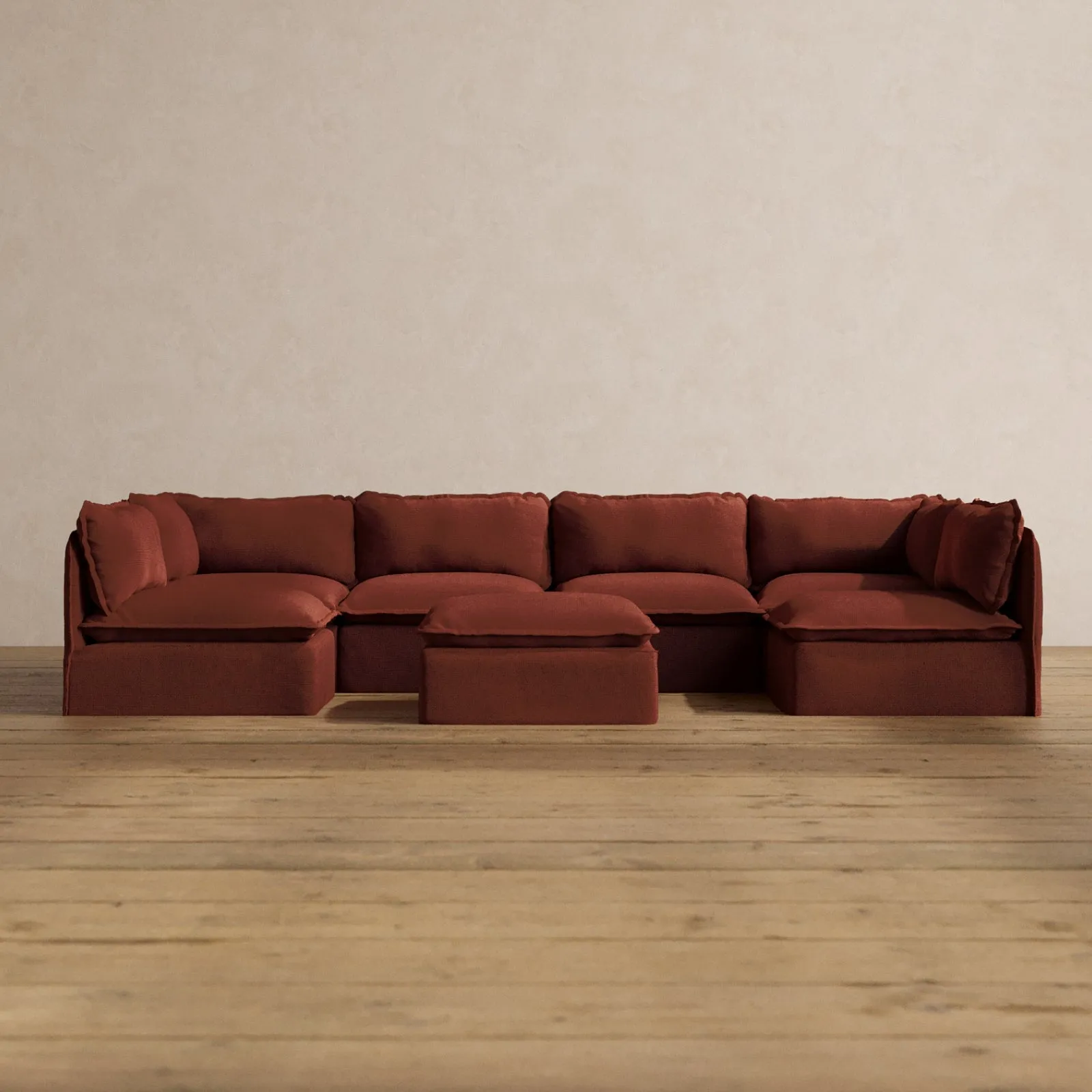 Modular Washable 6-Seater Open-Ends U-Sectional   Ottoman in Rust | Memorix  Seat | Contour Pillow