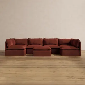 Modular Washable 6-Seater Open-Ends U-Sectional   Ottoman in Rust | Memorix  Seat | Contour Pillow