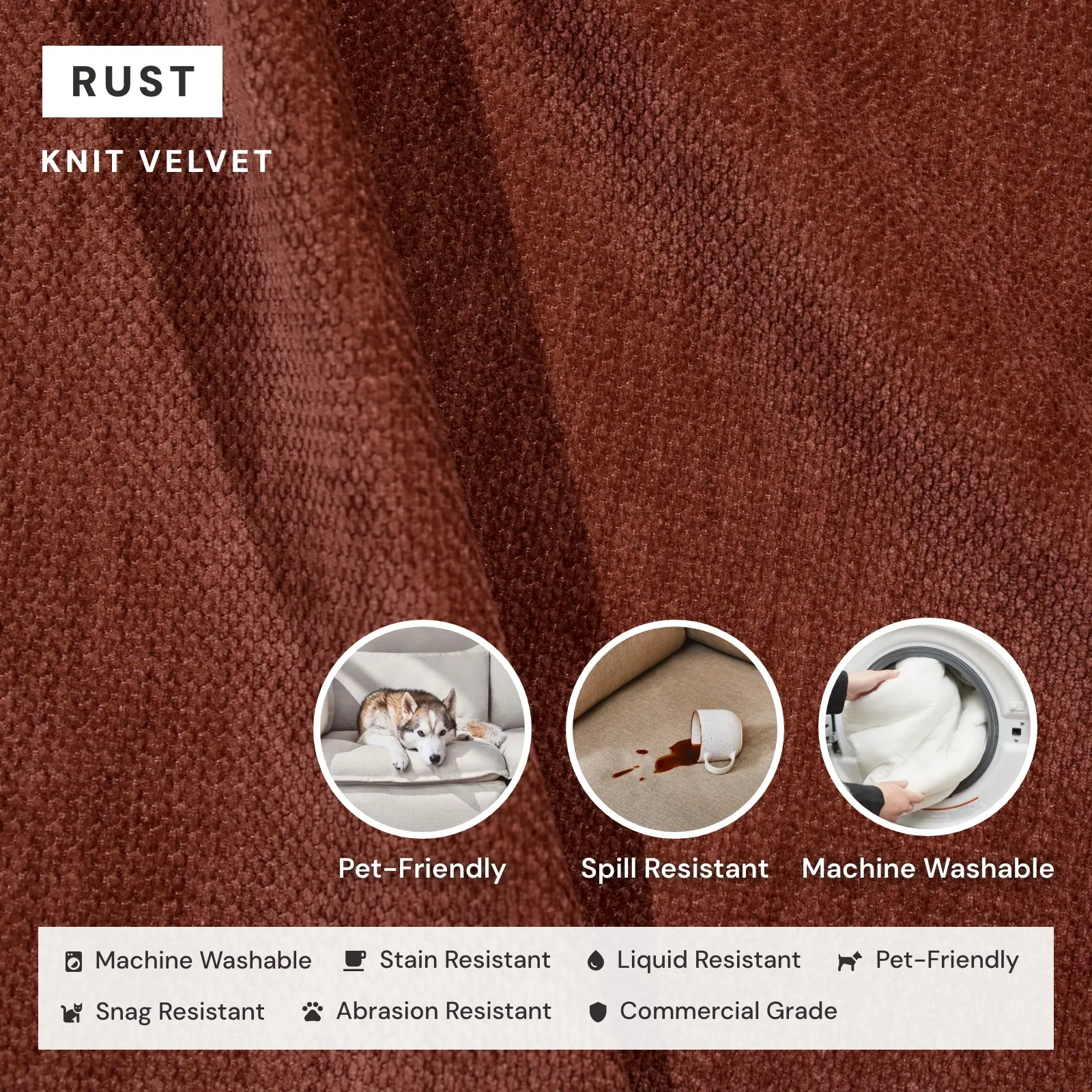 Modular Washable 6-Seater Open-Ends U-Sectional   Ottoman in Rust | Memorix  Seat | Contour Pillow