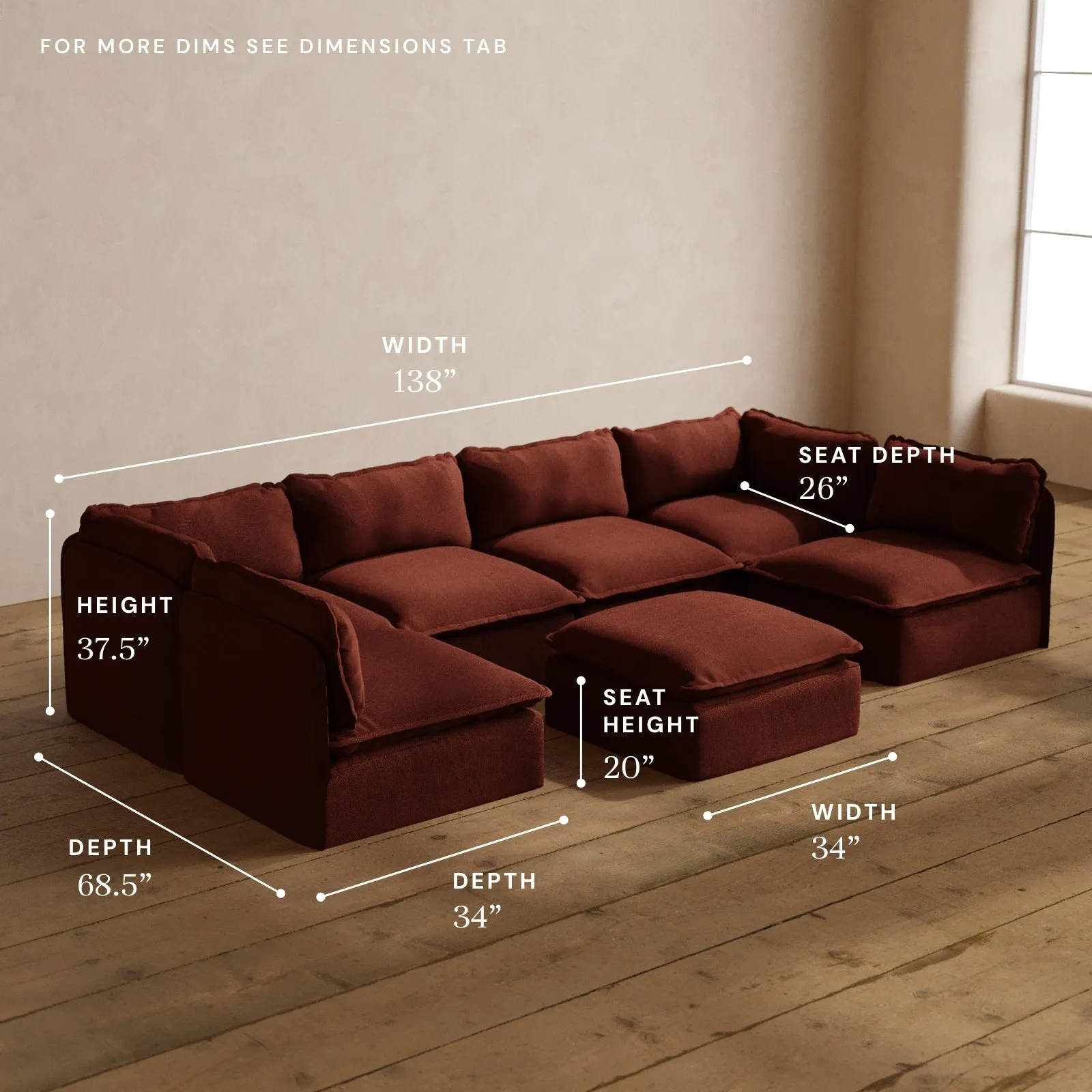 Modular Washable 6-Seater Open-Ends U-Sectional   Ottoman in Rust | Memorix  Seat | Contour Pillow
