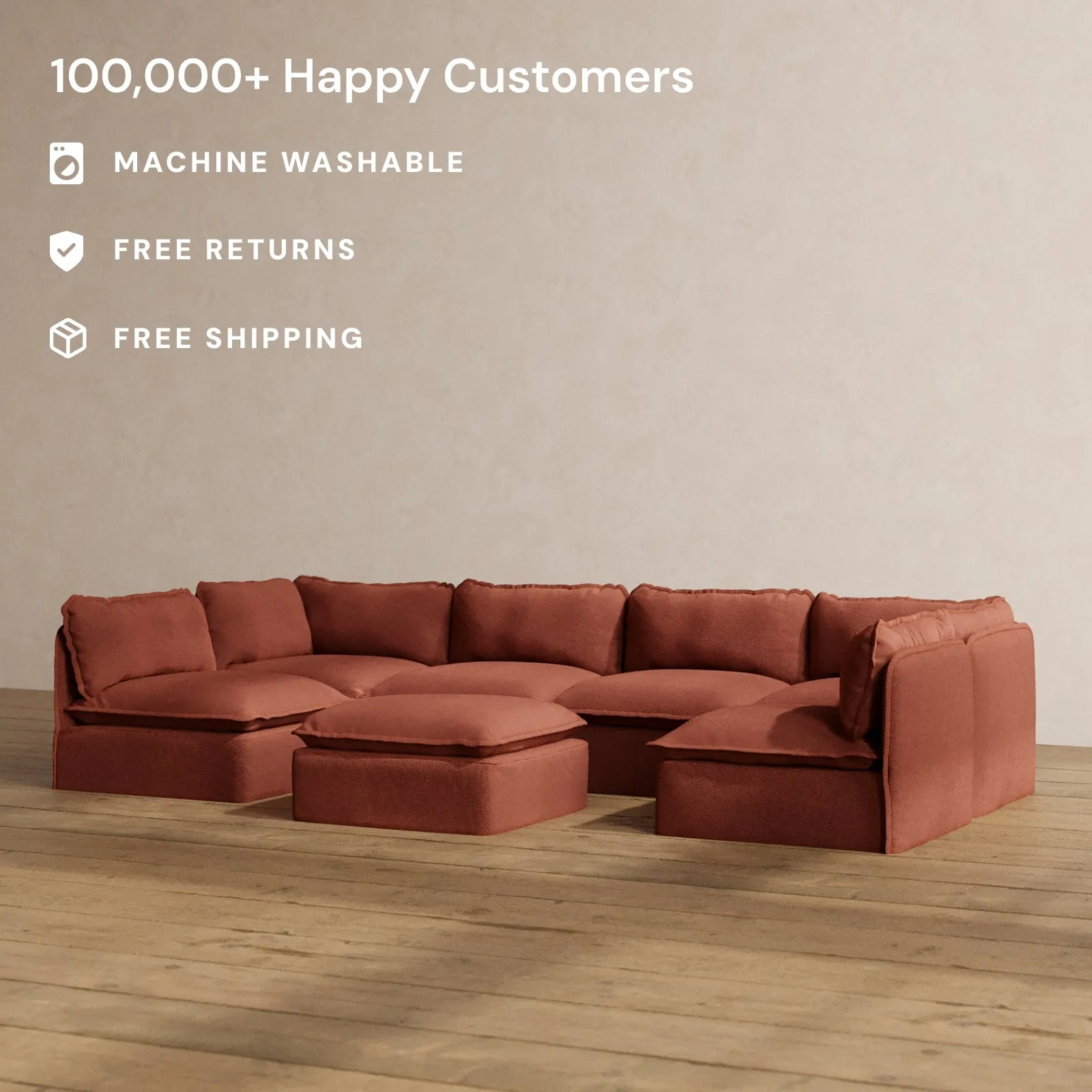 Modular Washable 6-Seater Open-Ends U-Sectional   Ottoman in Rust | Memorix  Seat | Contour Pillow