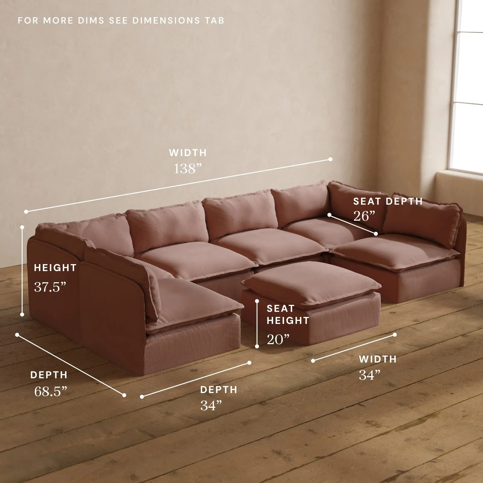 Modular Washable 6-Seater Open-Ends U-Sectional   Ottoman in Sakura | Memorix  Seat | Contour Pillow